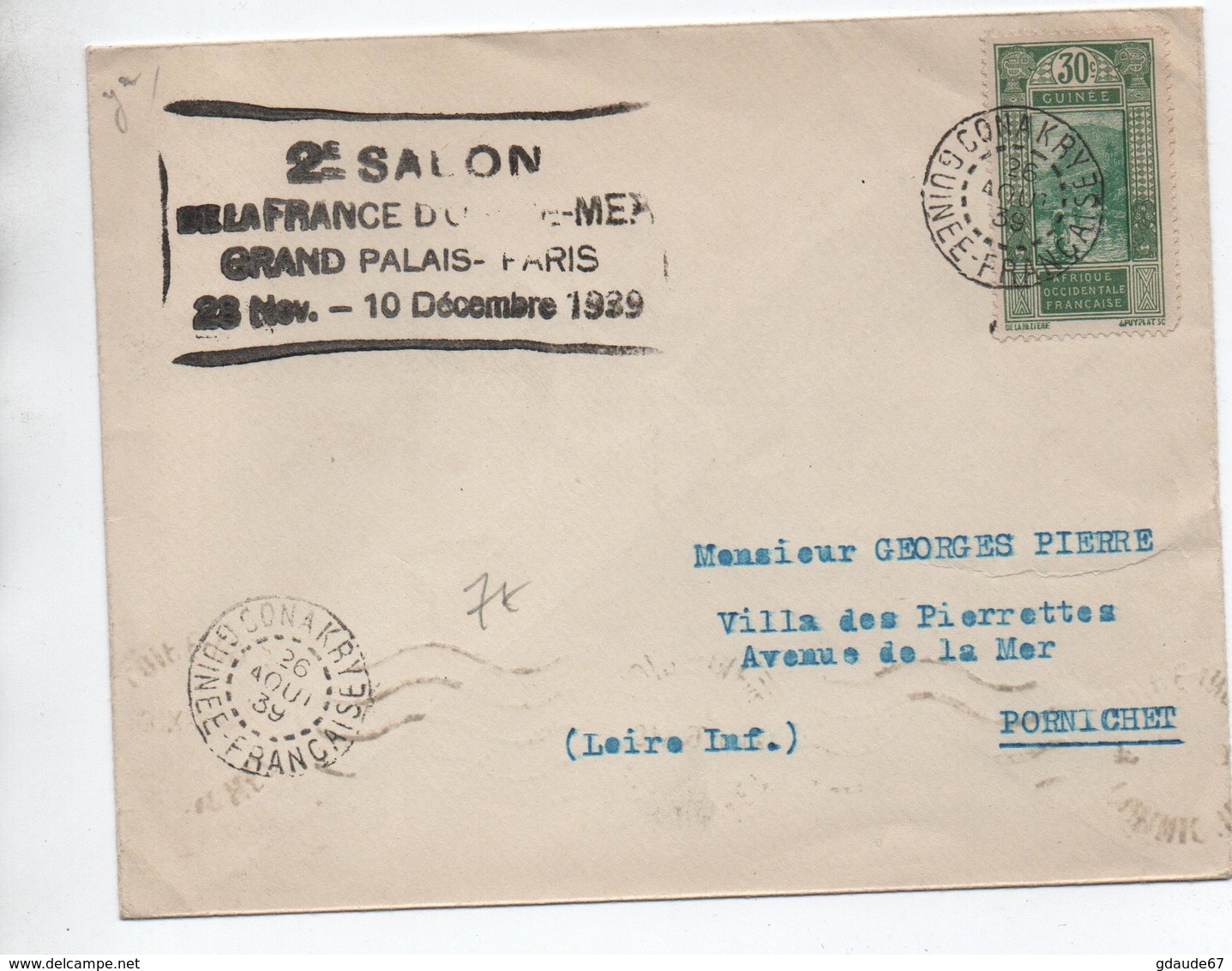 1939 - ENVELOPPE De CONAKRY (GUINEE FRANCAISE / AOF) Pour PORNICHET (LOIRE ATLANTIQUE) - Lettres & Documents