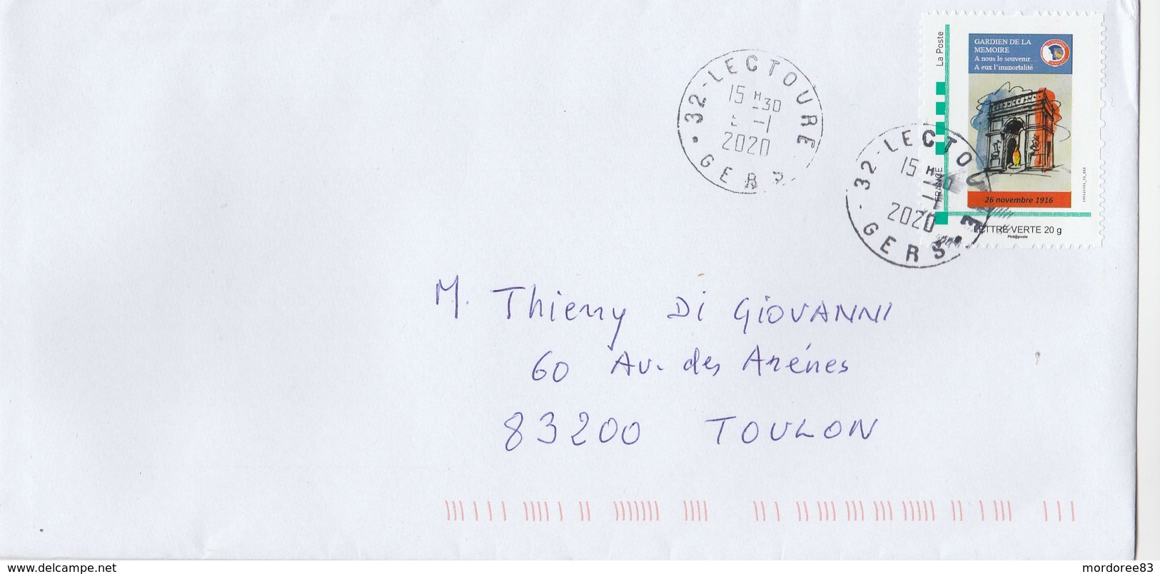 MONTIMBRAMOI GARDIEN DE LA MEMOIRE SUR LETTRE LECTOURE 2020 POUR TOULON - Storia Postale