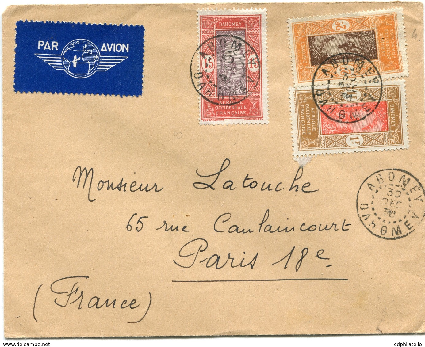 DAHOMEY LETTRE PAR AVION DEPART ABOMEY 30 DEC 38 DAHOMEY POUR LA FRANCE - Storia Postale