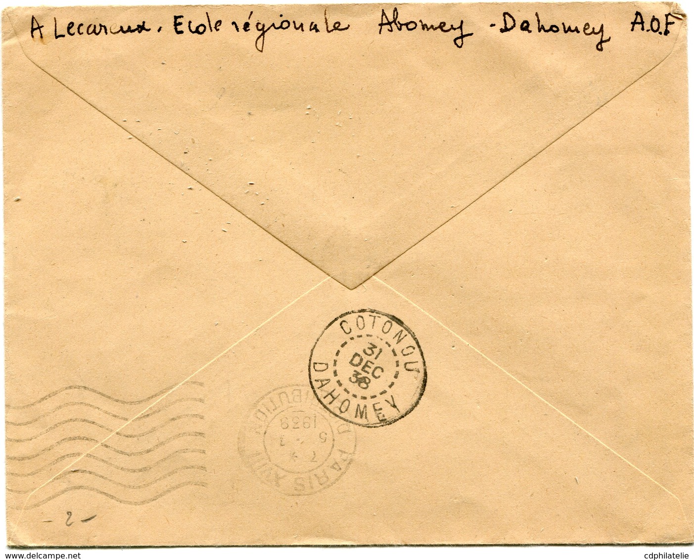 DAHOMEY LETTRE PAR AVION DEPART ABOMEY 30 DEC 38 DAHOMEY POUR LA FRANCE - Storia Postale