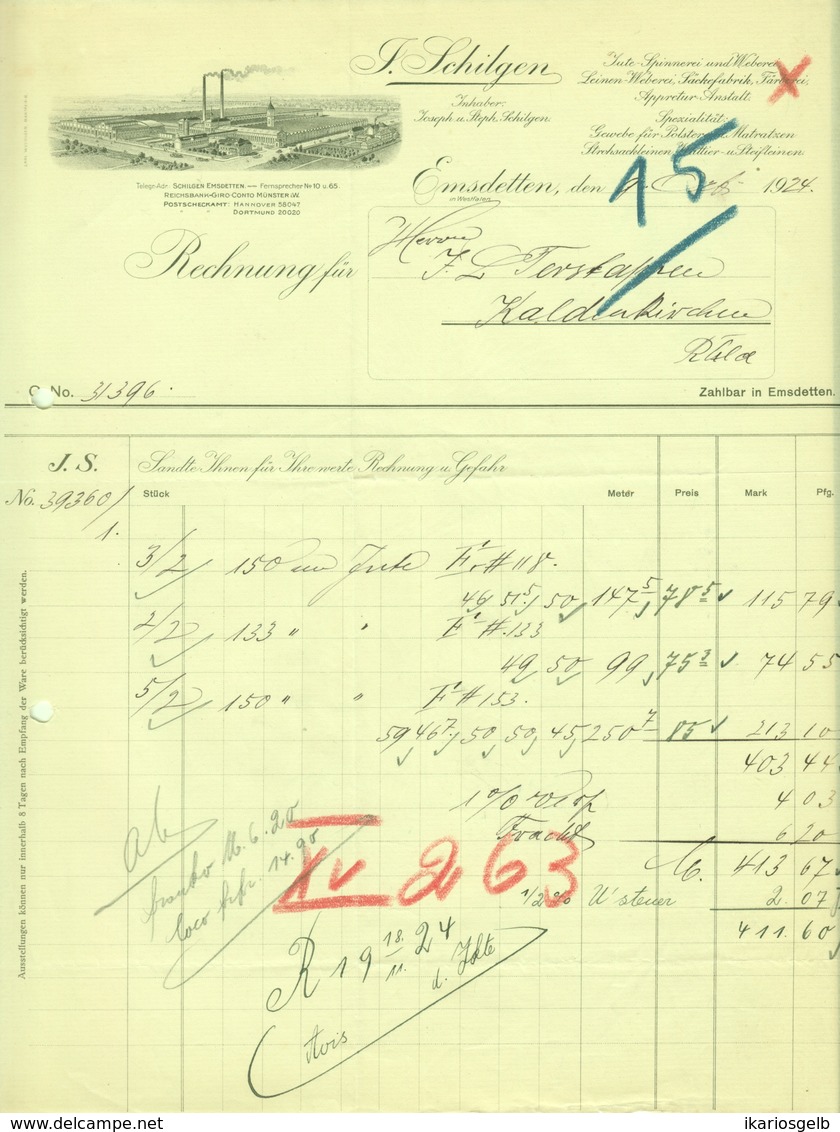 EMSDETTEN Rechnung 1924 Deko " J.Schilgen - Gewebe Für Polster Und Matratzen Pp " - Textilos & Vestidos