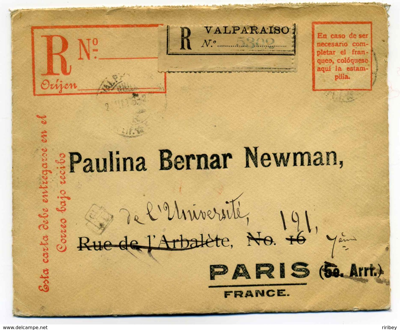 VALPARAISO Registred Letter To Paris / CHILE / 1906 /  Entier Postal Enveloppe - Chile