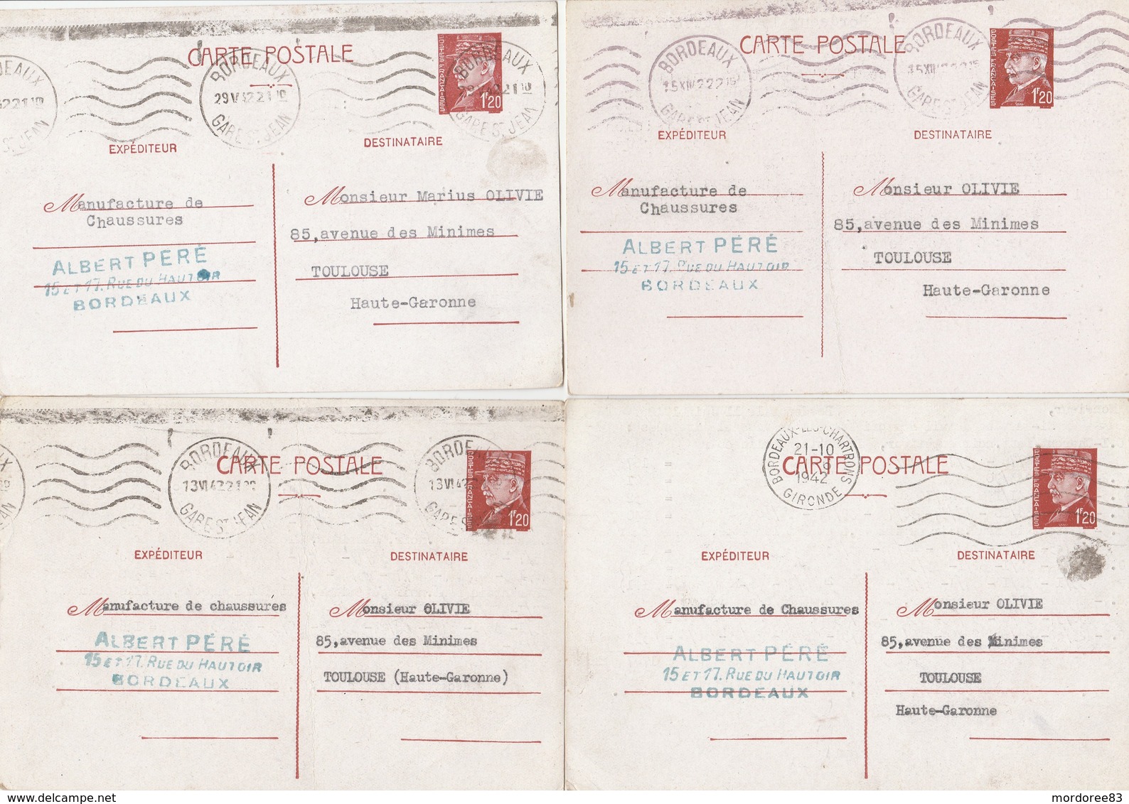 LOT DE 36 ENTIER PETAIN 1F20 CP+ COMMERCIAL TOUS VOYAGES 18 SCANS