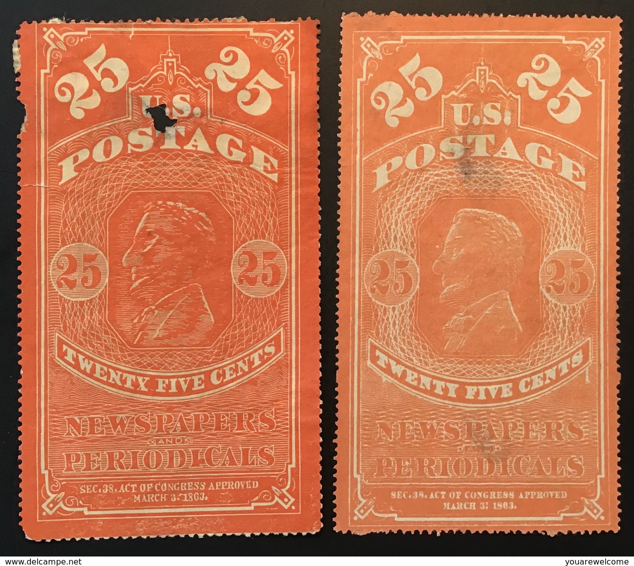 1865 Newspaper And Periodical Stamps 19th C. FORGERY TWO DIFFERENT Scott PR 3 (US USA FAUX FALSCH Timbres Pour Journaux - Zeitungsmarken & Streifbänder