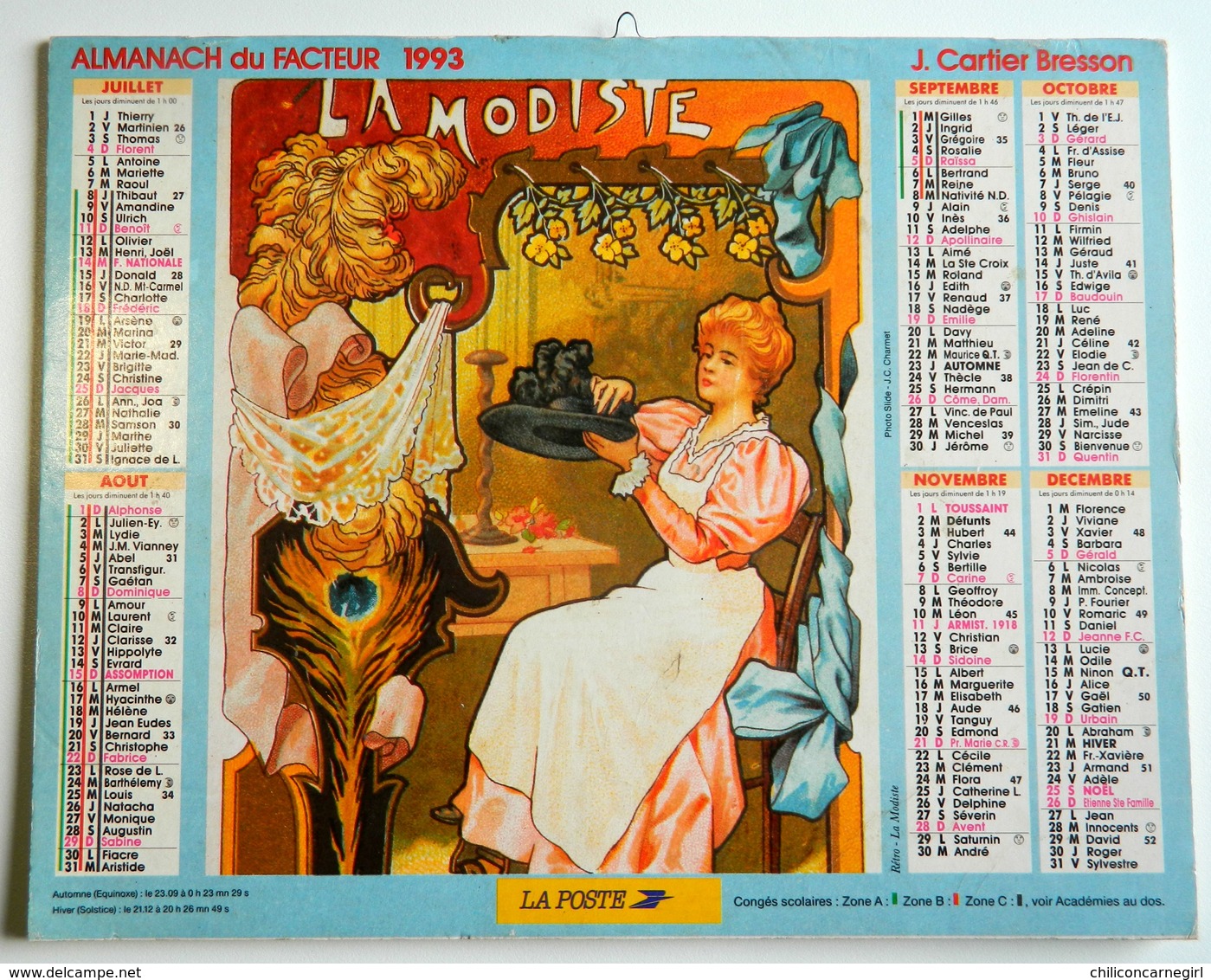 Calendrier - Almanach Du Facteur 1993 - LA MODISTE - LA COUTURIÈRE - J. CARTIER BRESSON - Nord - Photo J.C. CHARMET - Groot Formaat: 1991-00