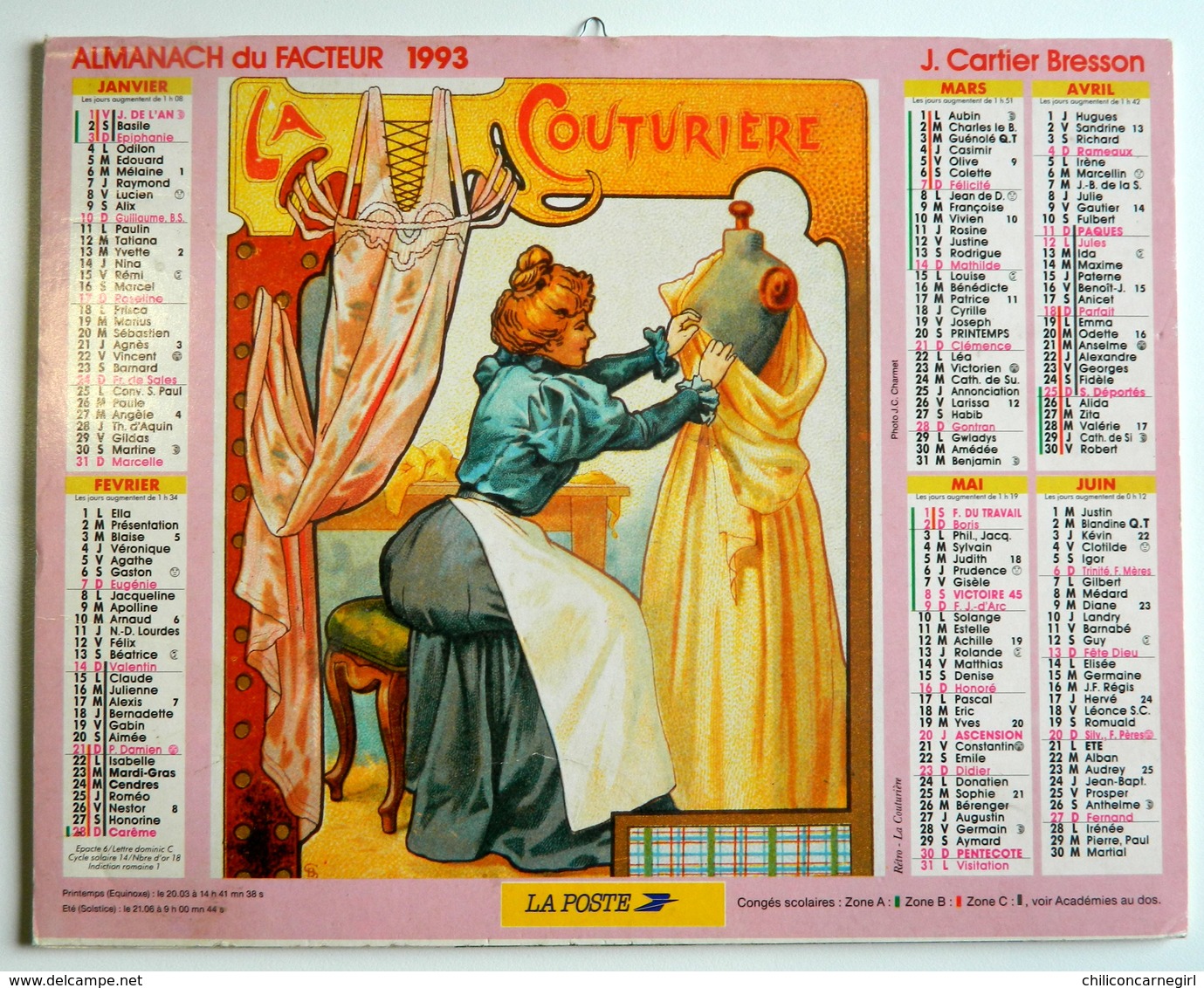 Calendrier - Almanach Du Facteur 1993 - LA MODISTE - LA COUTURIÈRE - J. CARTIER BRESSON - Nord - Photo J.C. CHARMET - Groot Formaat: 1991-00