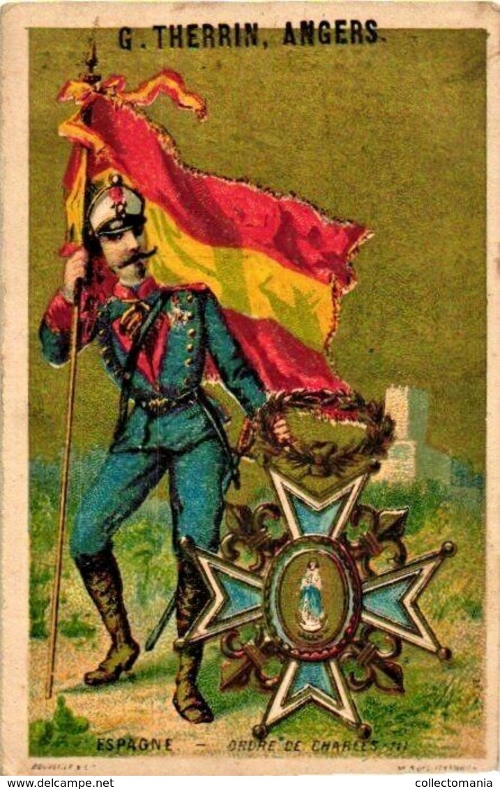 2 Litho Trade Cards, Military Order DECORATION C1880  THERRIN, ANGERS, SPAIN ITALY Medals Medailles DECORATION RIBBON - Espagne