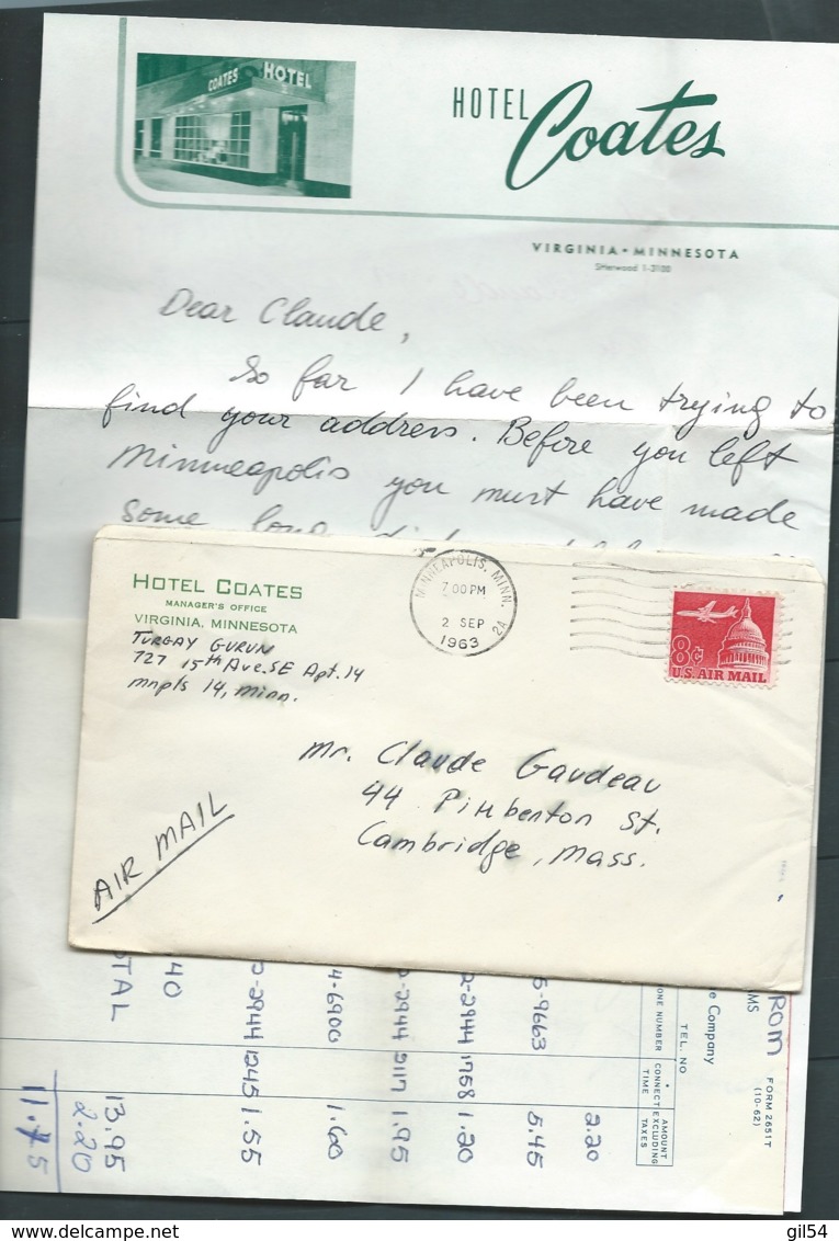 Lettre Entete De L'hotel "Coates "  Virginia - Minnesota  ( Septembre 1963 )  Raa53 - Verenigde Staten