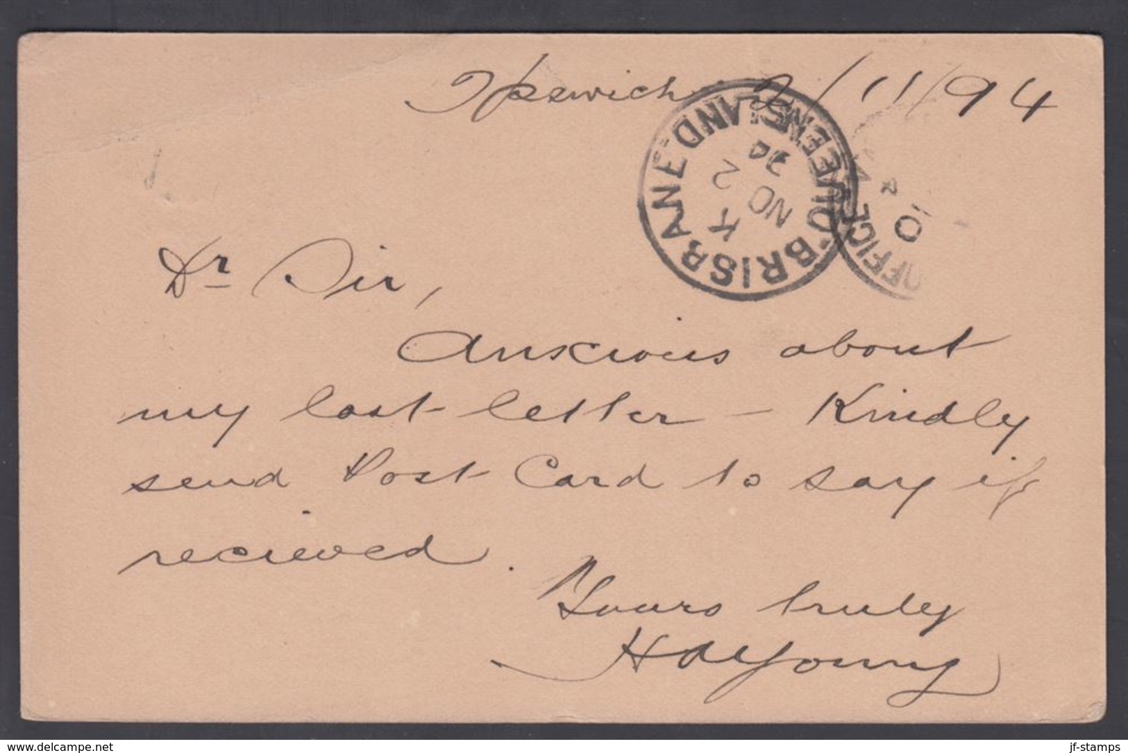 1894. QUEENSLAND AUSTRALIA  ONE PENNY POST CARD VICTORIA To Freemantle, Western Austr... () - JF321603 - Briefe U. Dokumente
