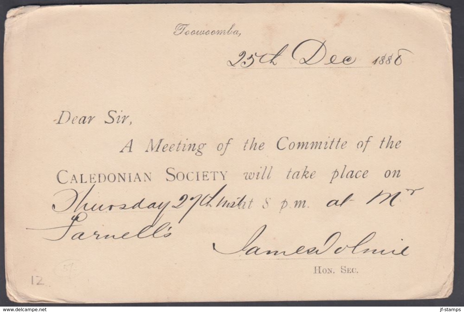 1888. QUEENSLAND AUSTRALIA  ONE PENNY POST CARD VICTORIA. TOOWOOMBA QUEENSLAND DE 26 ... () - JF321606 - Covers & Documents