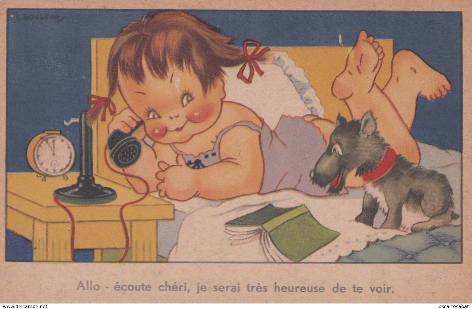 ENFANT CHIEN -  ILLUSTRATEUR GOUGEON - "Allo- écoute Chéri, Je Serai Rès Heureuse De Te Voir . "(lot Pat 90/4) - Gougeon