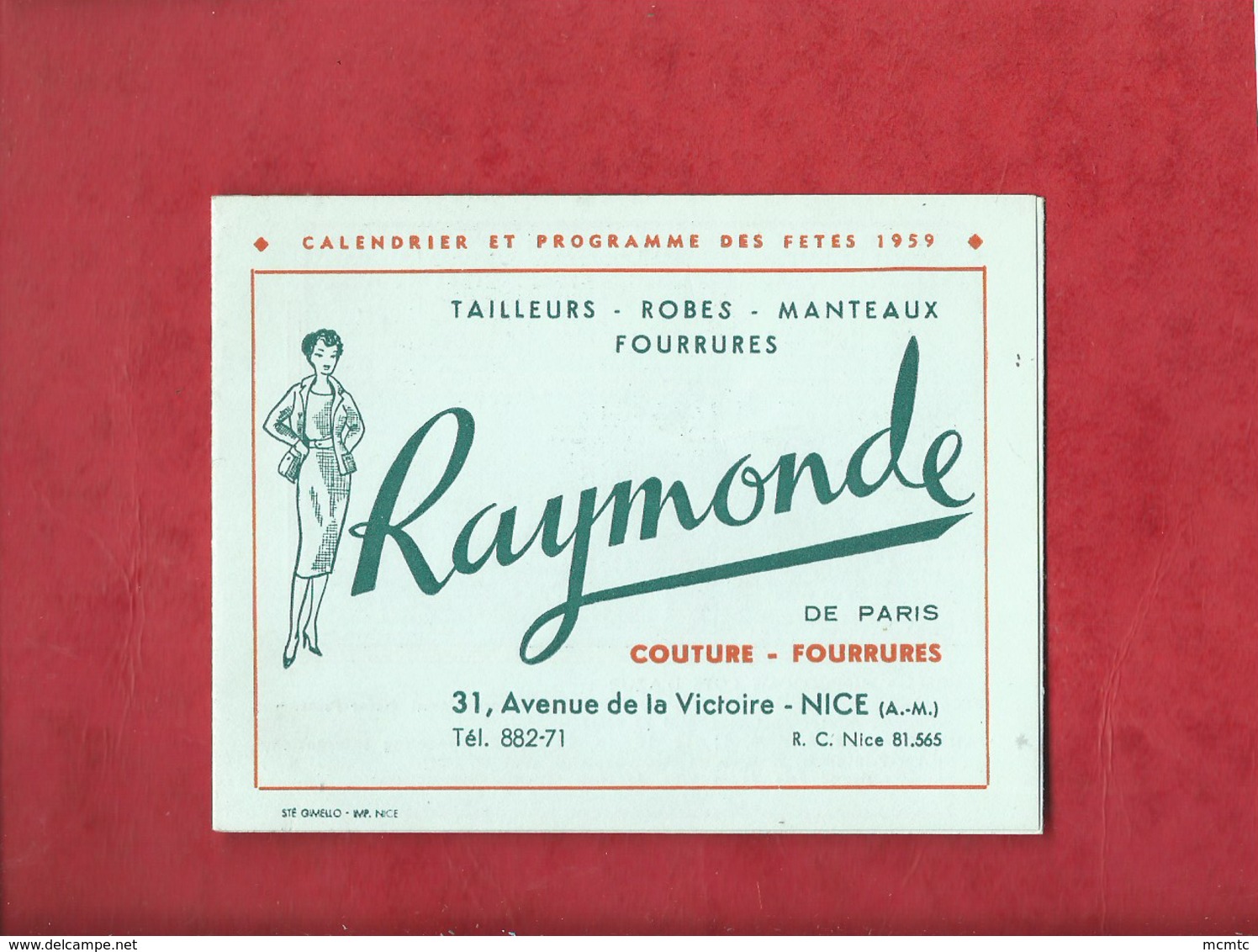 Petit Calendrier 1959  Raymonde  Couture Fourrures  - Nice  ( A.-M.) - Klein Formaat: 1941-60