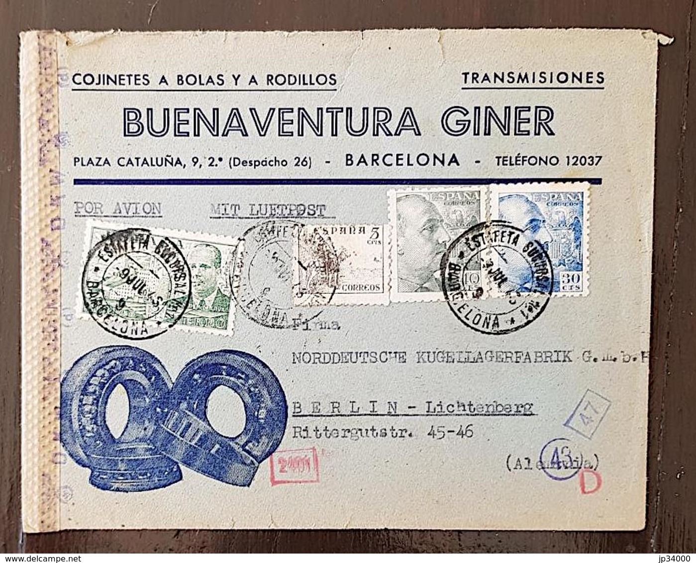 ESPAGNE, Lettre A Entete  CENSURE Par Avion Pour ALLEMAGNE. Cachet ESTAFETA  SUCURSAL Barcelona 1943 - Nationalists Censor Marks