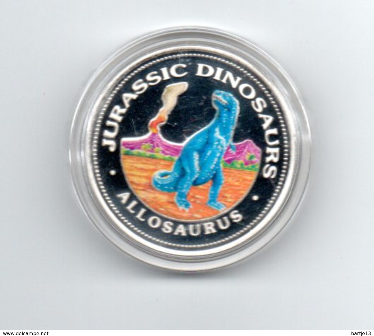 GUINEE REP. EQUATORIAAL 7000 FRANC 1993 ZILVER PROOF COLOURED JURASSIC PARK ALLOSAURUS DAMAGE ONLY ON CAPSEL - Guinée