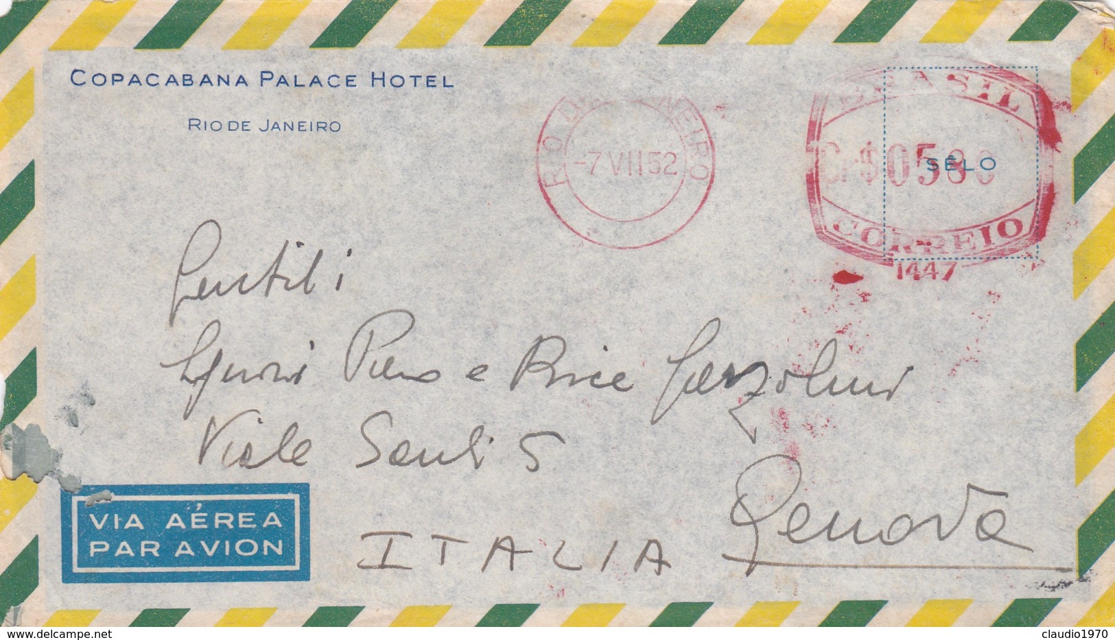 BRASILE- BUSTA VIAGGIATA BY AIR MAIL -   RIO DE JANEIRO - HOTEL COPACABANA PALACE- VIAGGIATA PER GENOVA - ITALY - Automatenmarken (Frama)