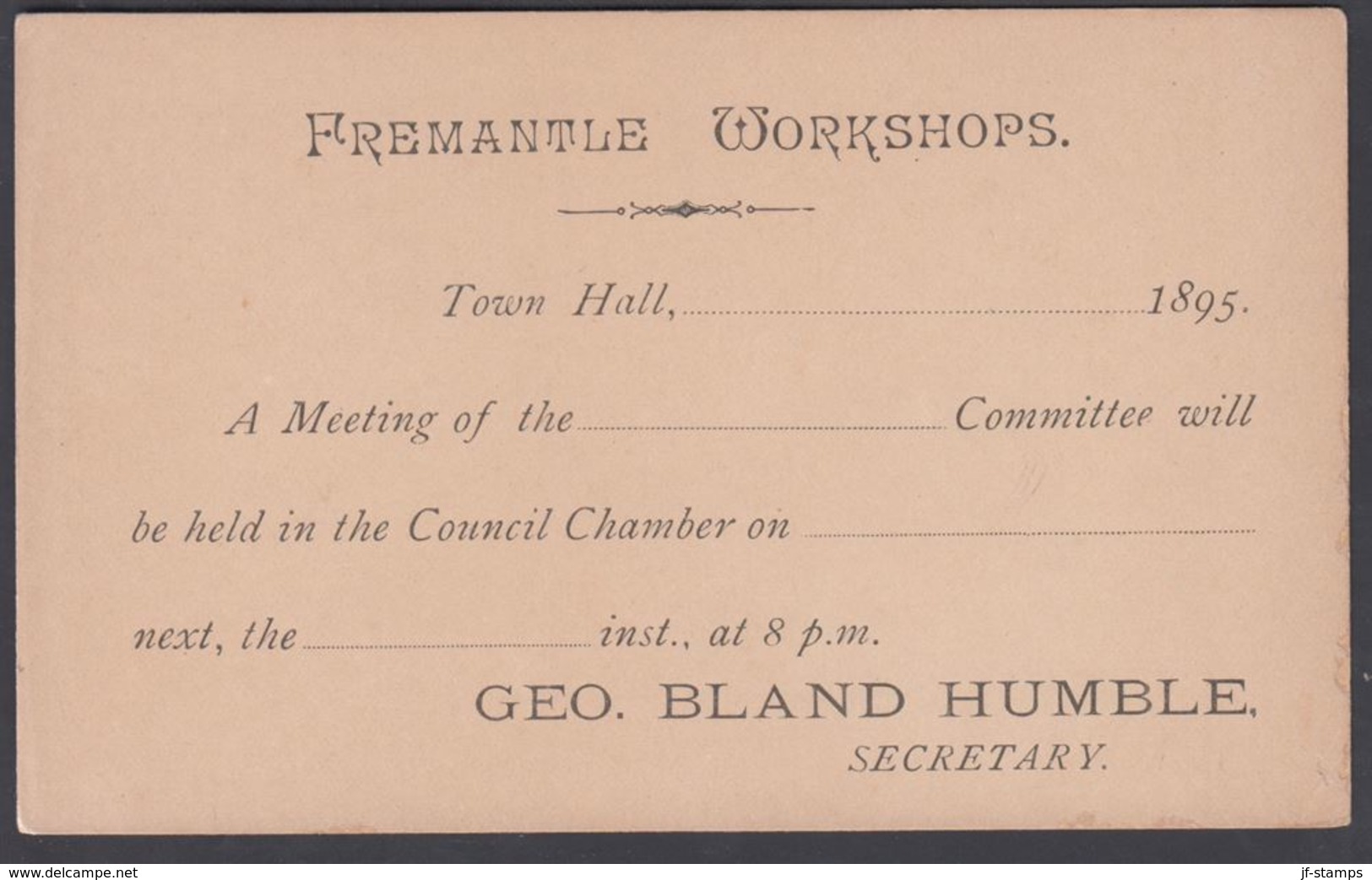 1893. WESTERN AUSTRALIA. ONE HALF-PENNY POST CARD (FREMANTLE WORKSHOPS Town Hall, 189... () - JF321621 - Brieven En Documenten