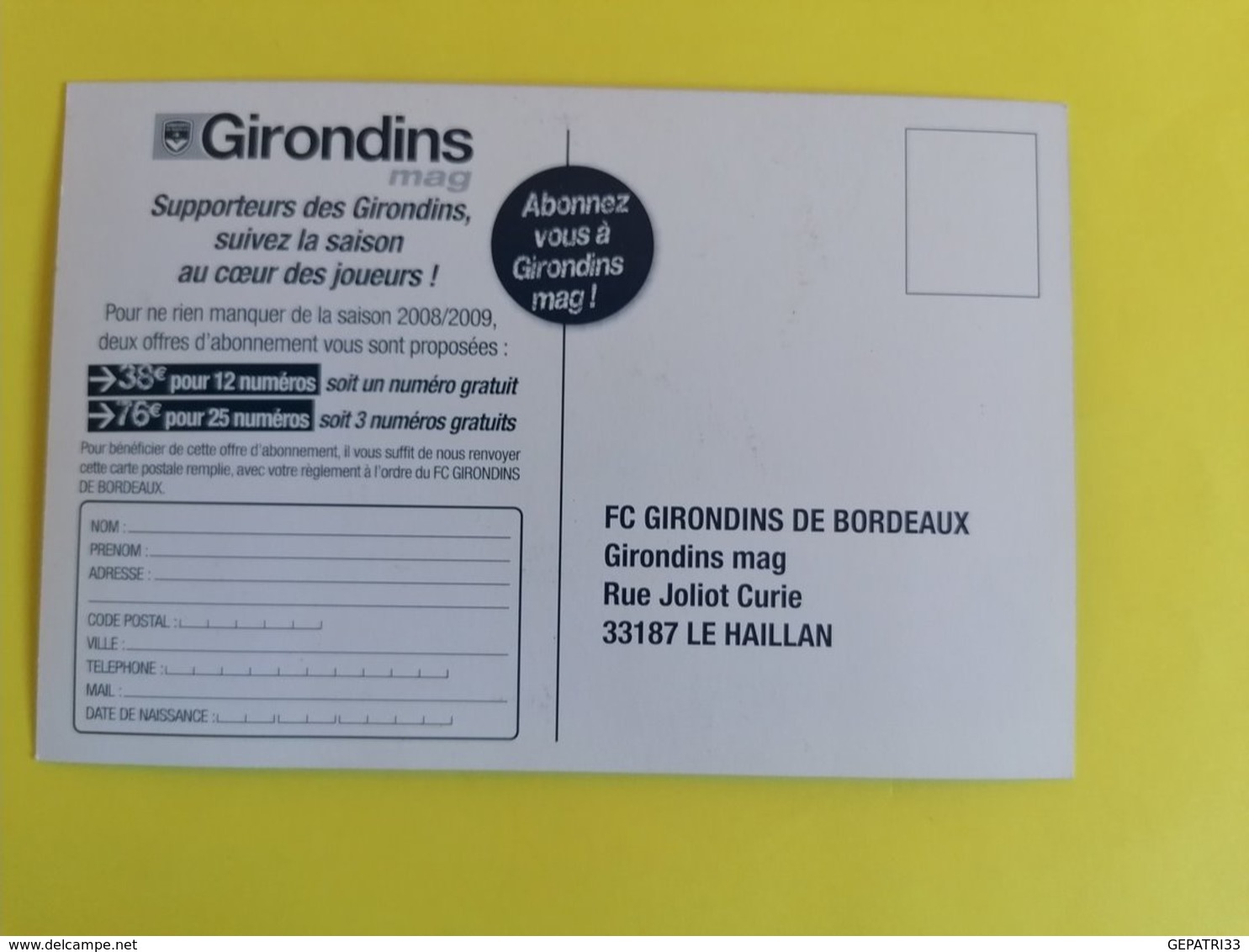 CARTE  D'ABONNEMENT  MAG GIRONDINS DE BORDEAUX SAISON 2008/2009 - Andere & Zonder Classificatie