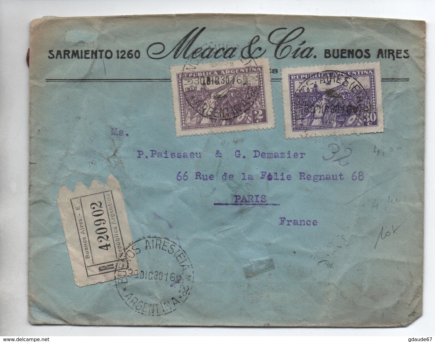 ARGENTINE / ARGENTINA - 1930 - ENVELOPPE COMMERCIALE RECOMMANDEE De BUENOS AIRES Pour PARIS - Lettres & Documents
