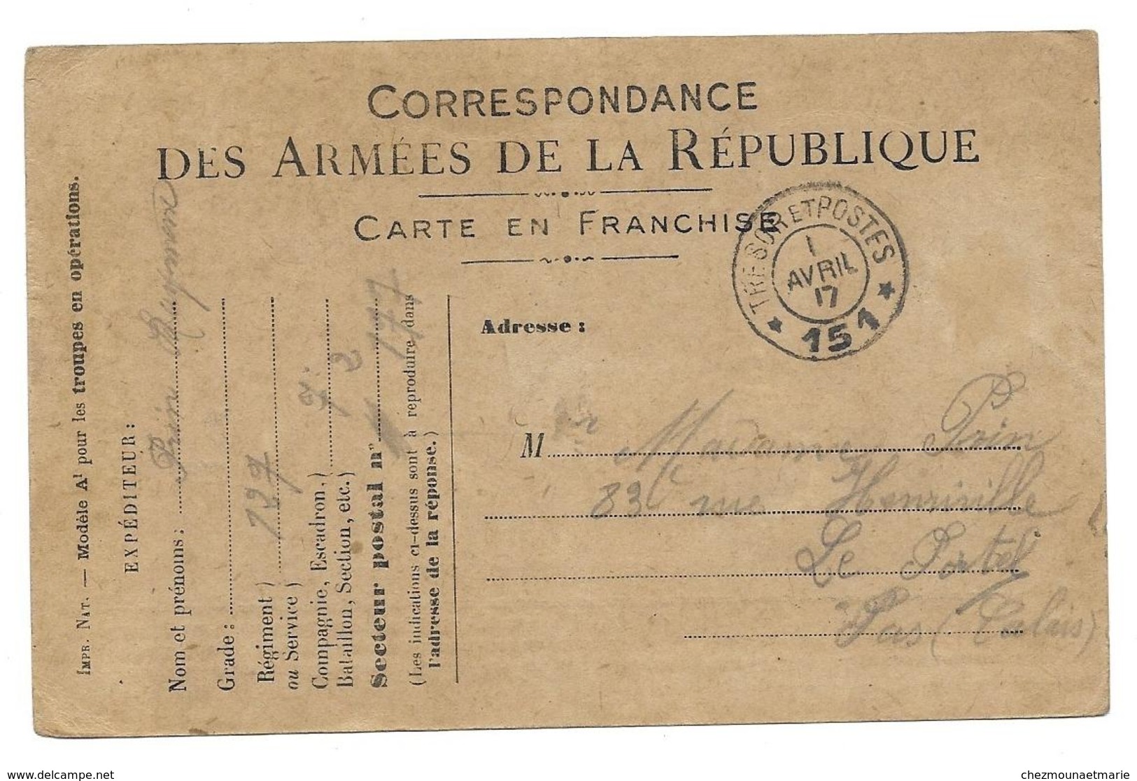 WWI PRIN RAYMOND AU 127 E TRESOR ET POSTES 151 POUR LE PORTEL - CPA CORRESPONDANCE MILITAIRE - Guerre 1914-18