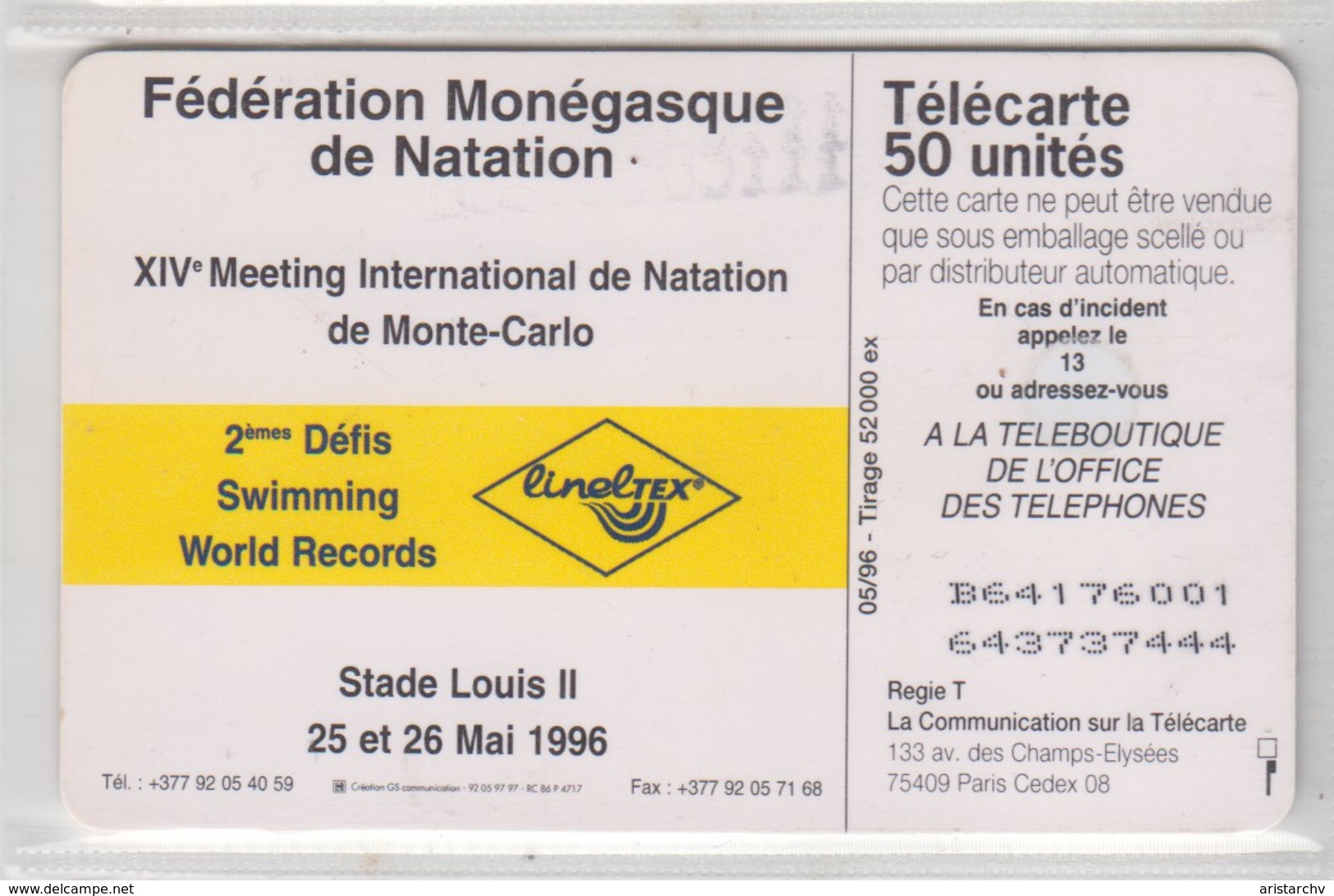 MONACO 1996 MEETING INTERNATIONAL DE NATATION DE MONTE CARLO SWIMMING - Monaco