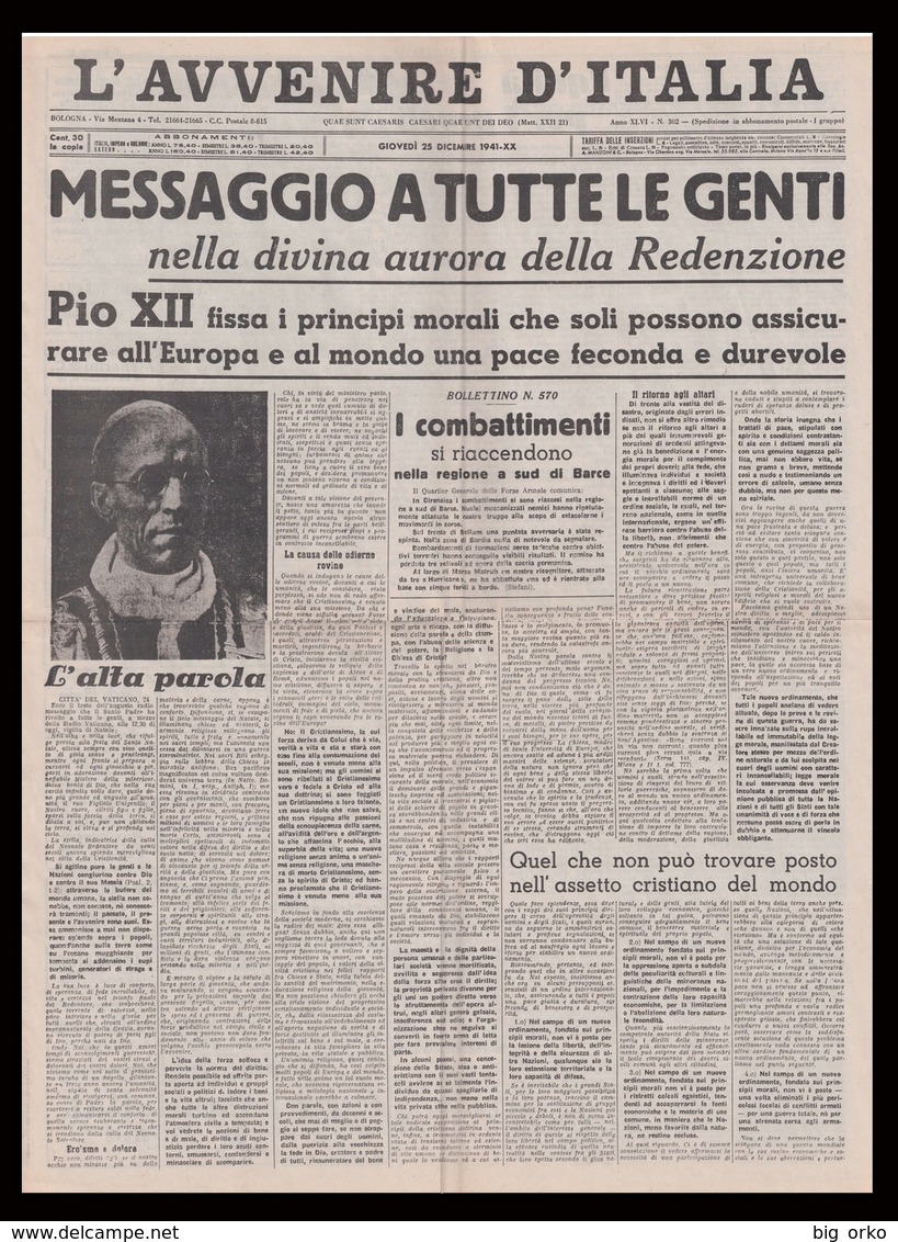 L'AVVENIRE D'ITALIA - Bologna 25 Dicembre 1941- Messaggio Di Pio XII - Dopo Pearl Harbor / La Conquista Di Manila - Italiano