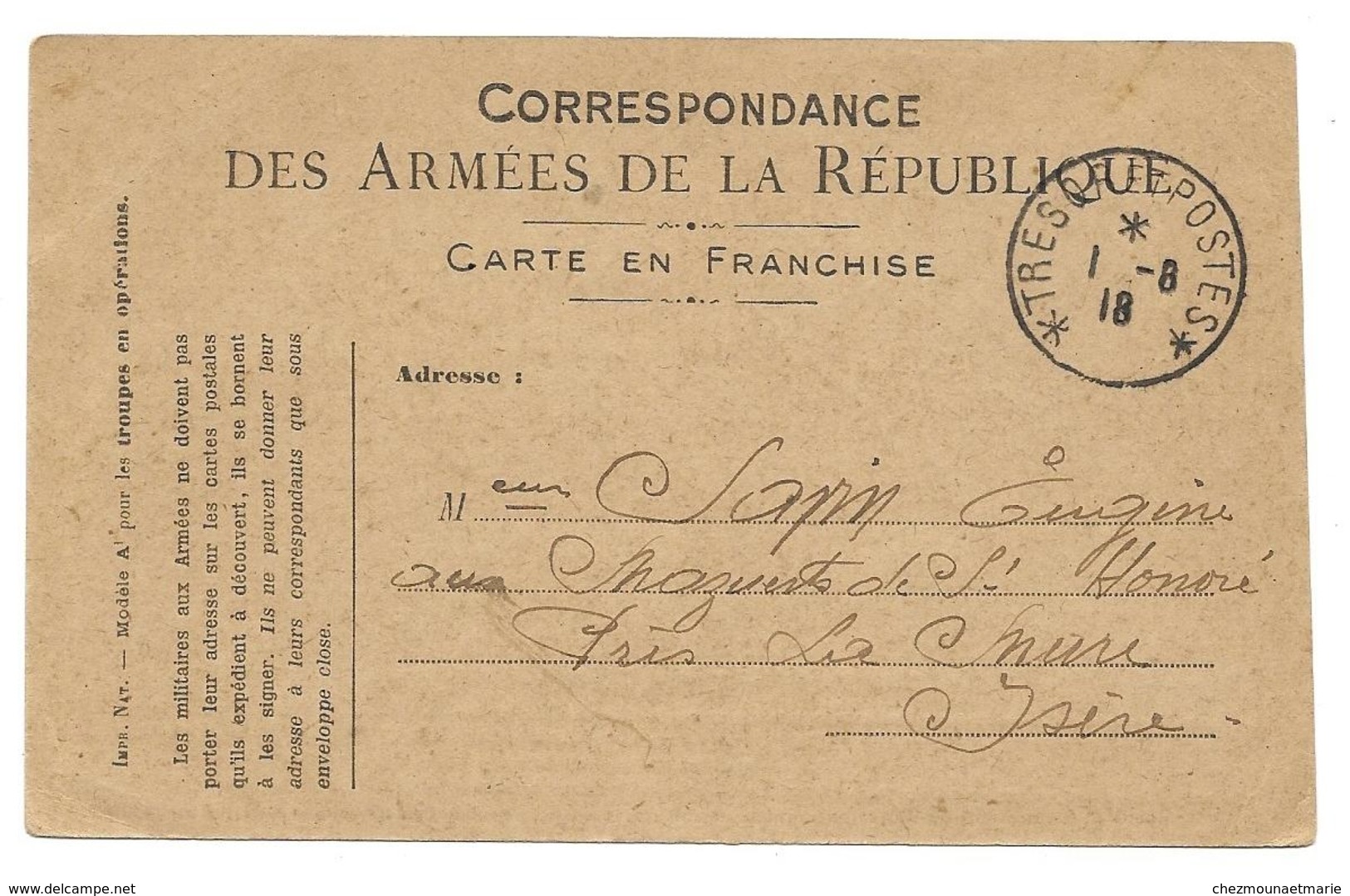 WWI SAPIN EUGENE LES MAZUERS ST HONORE ISERE TRESOR ET POSTES - CPA CORRESPONDANCE MILITAIRE - War 1914-18