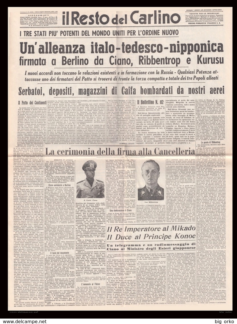 IL RESTO DEL CARLINO - 28 Settembre 1940 Anno XVIII - Il Patto Tripartito Roma / Berlino / Tokyo - Italiaans