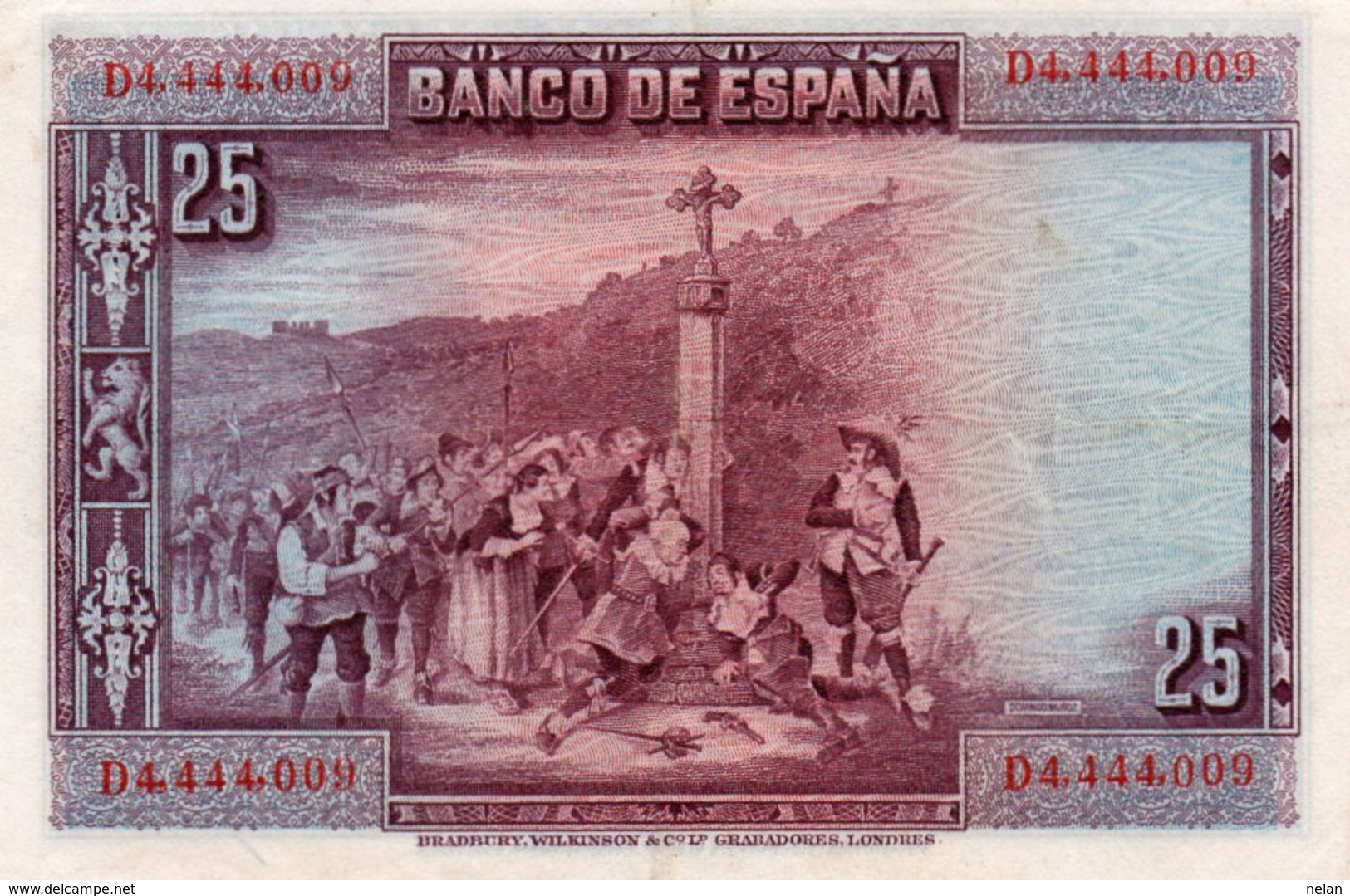 SPAIN 25 PESETAS 1928  P-74b  AUNC  SERIE D 4444009 - 1-2-5-25 Pesetas