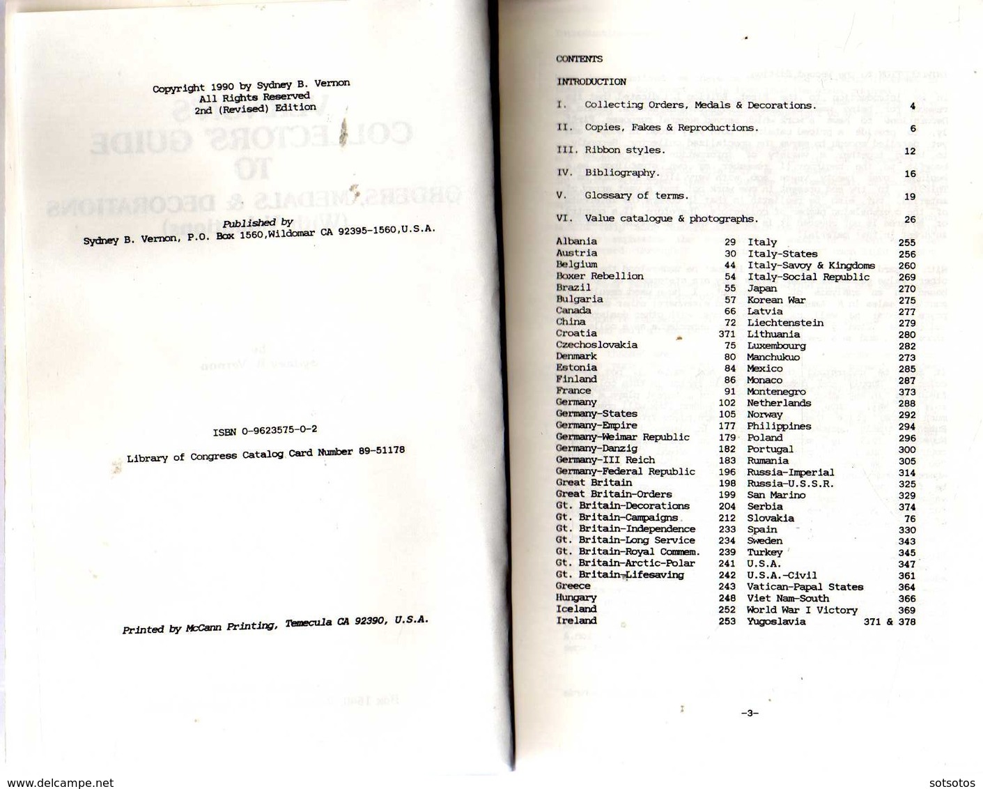 Vernon’s Collectors' Guide To Orders, Medals & Decorations (with Values) By Sydney B. Vernon - 2nd (revised) Edition1990 - Armada/Guerra