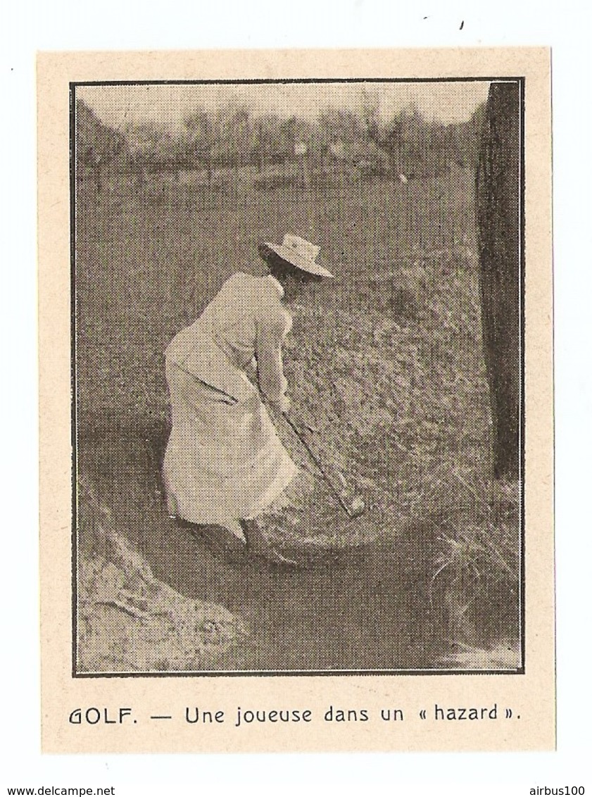 COUPURE De PRESSE SPORT DÉBUT XX ème SIECLE ANNÉE 1908 - GOLF FEMME WOMAN UNE JOUEUSE DANS UN " HAZARD " - Sonstige & Ohne Zuordnung