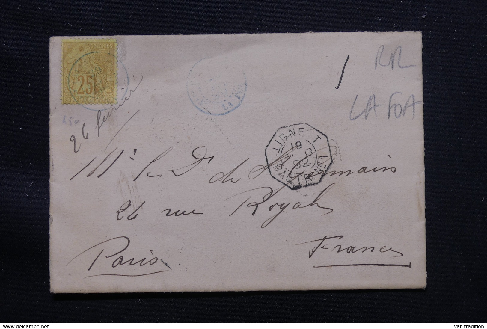 NOUVELLE CALÉDONIE - Enveloppe De La Foa Pour Paris En 1892, Affr. Alphée Dubois, Cachet De Ligne Maritime - L 57329 - Lettres & Documents