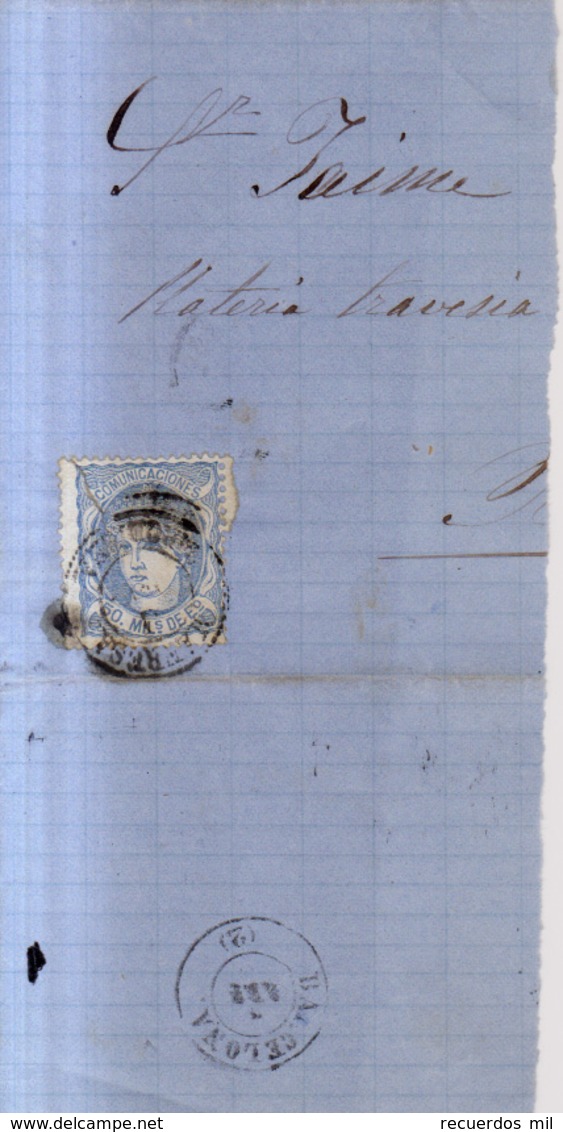 Año 1870 Edifil 107 Envuelta Matasellos Manresa Barcelona - Briefe U. Dokumente