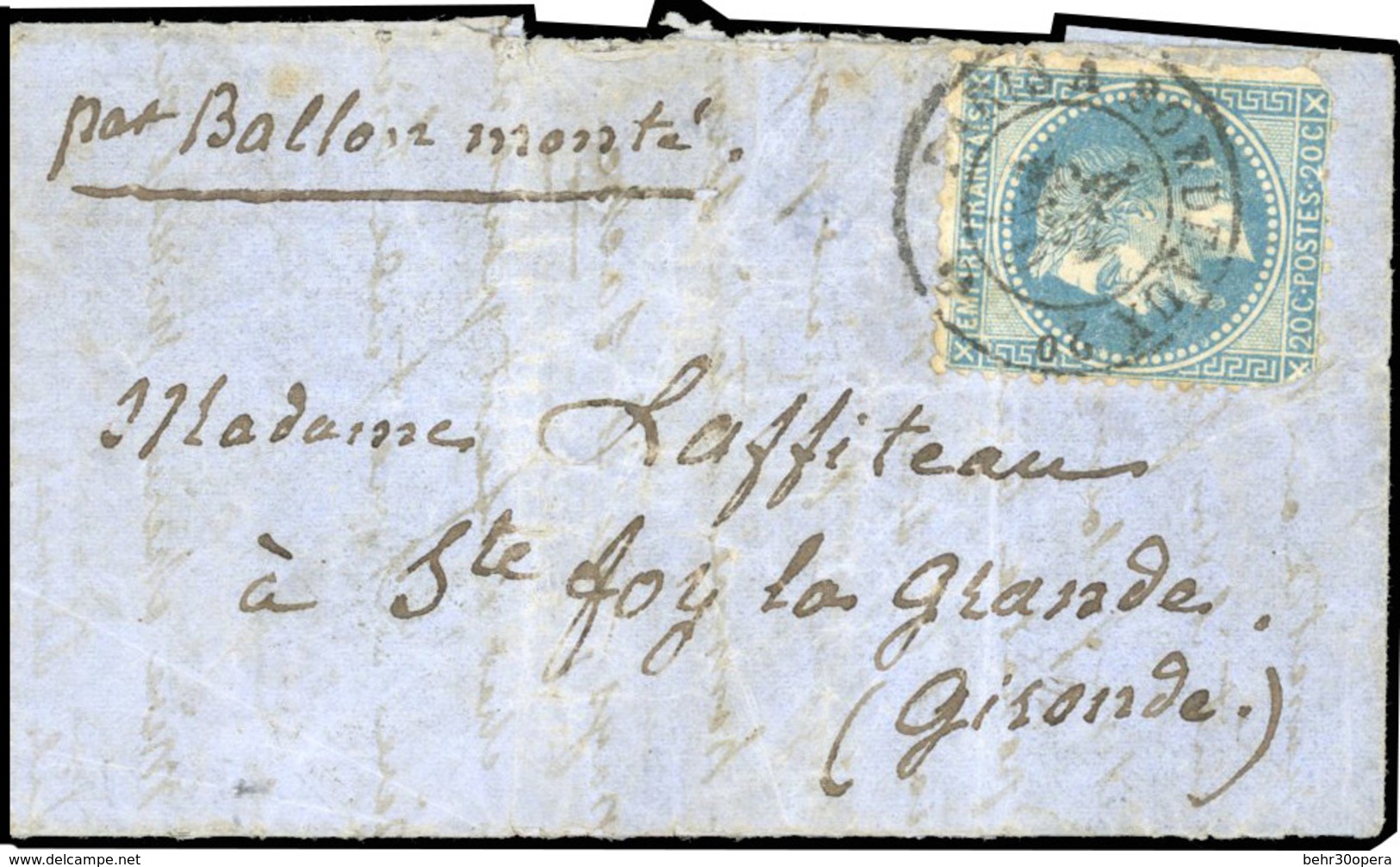 O Pli Confié Du FULTON. 20c. Lauré Obl. S/lettre De Paris Du 24 Octobre 1870 Frappée Du CàD De PARIS A BORDEAUX Du 4 Nov - War 1870