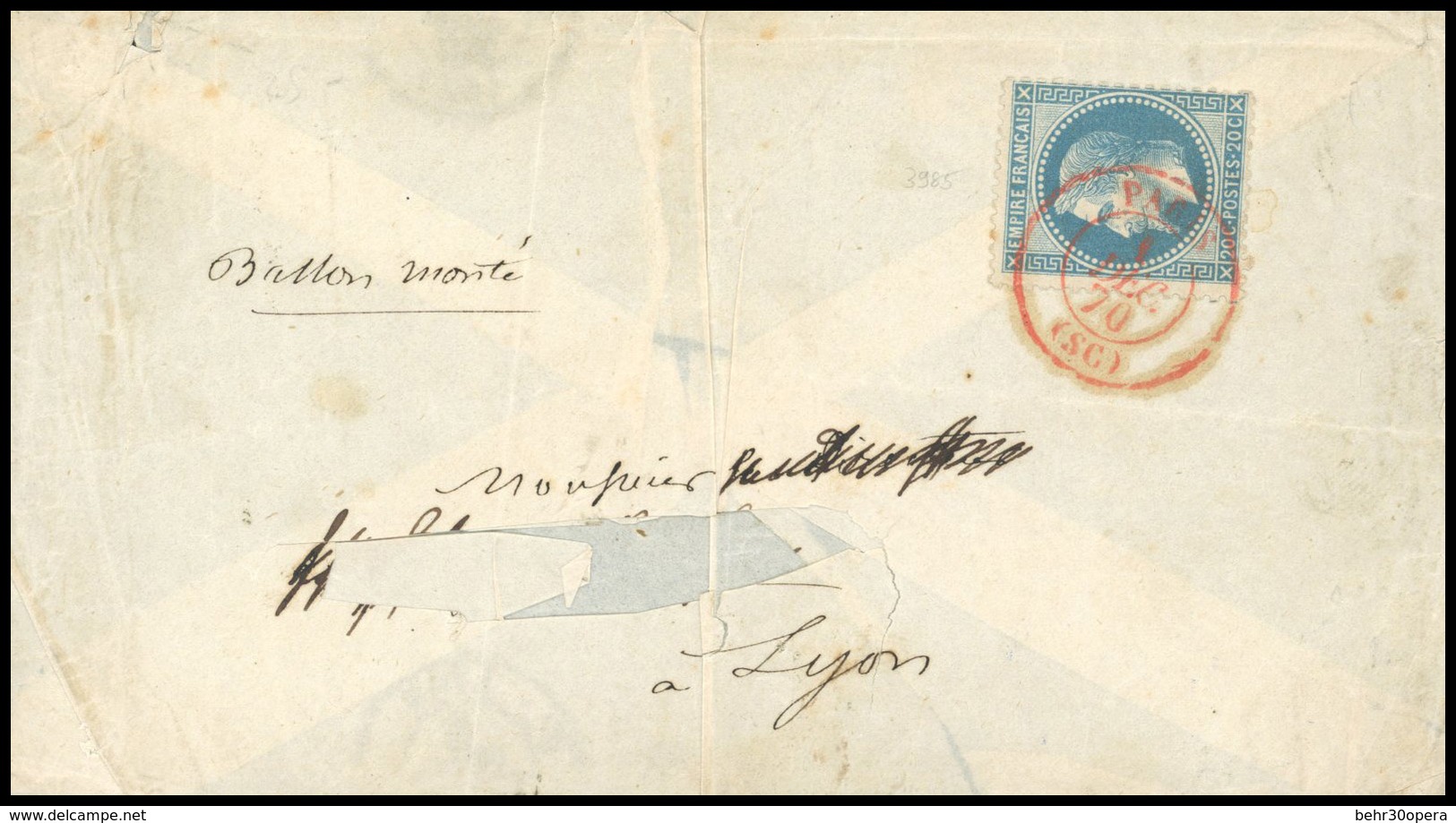 O LE FRANKLIN. 20c. Laurés Obl. S/lettre Frappée Du Cachet Rouge De PARIS (SC) Du 1er Décembre 1870 à Destination De LYO - War 1870