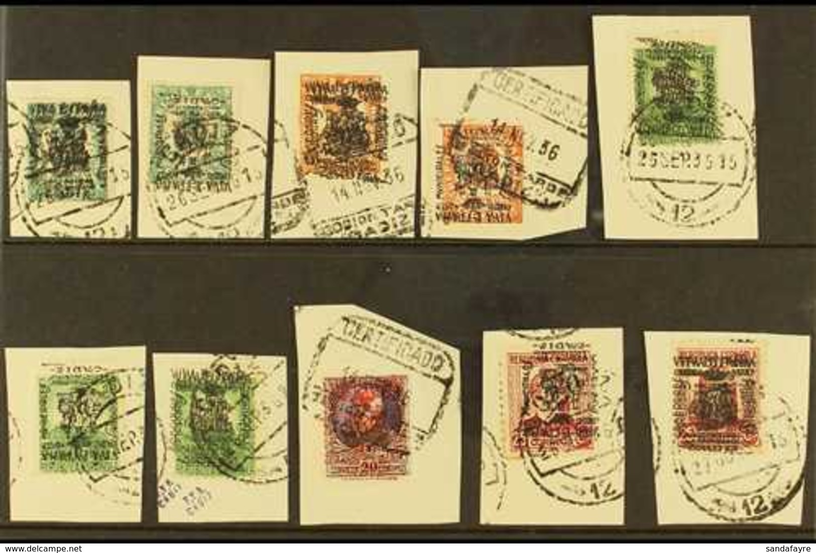 CIVIL WAR - CADIZ  1936 Municipal Overprint Errors Selection On A Stock Card Various Values To 25c "on Piece" With Inver - Autres & Non Classés