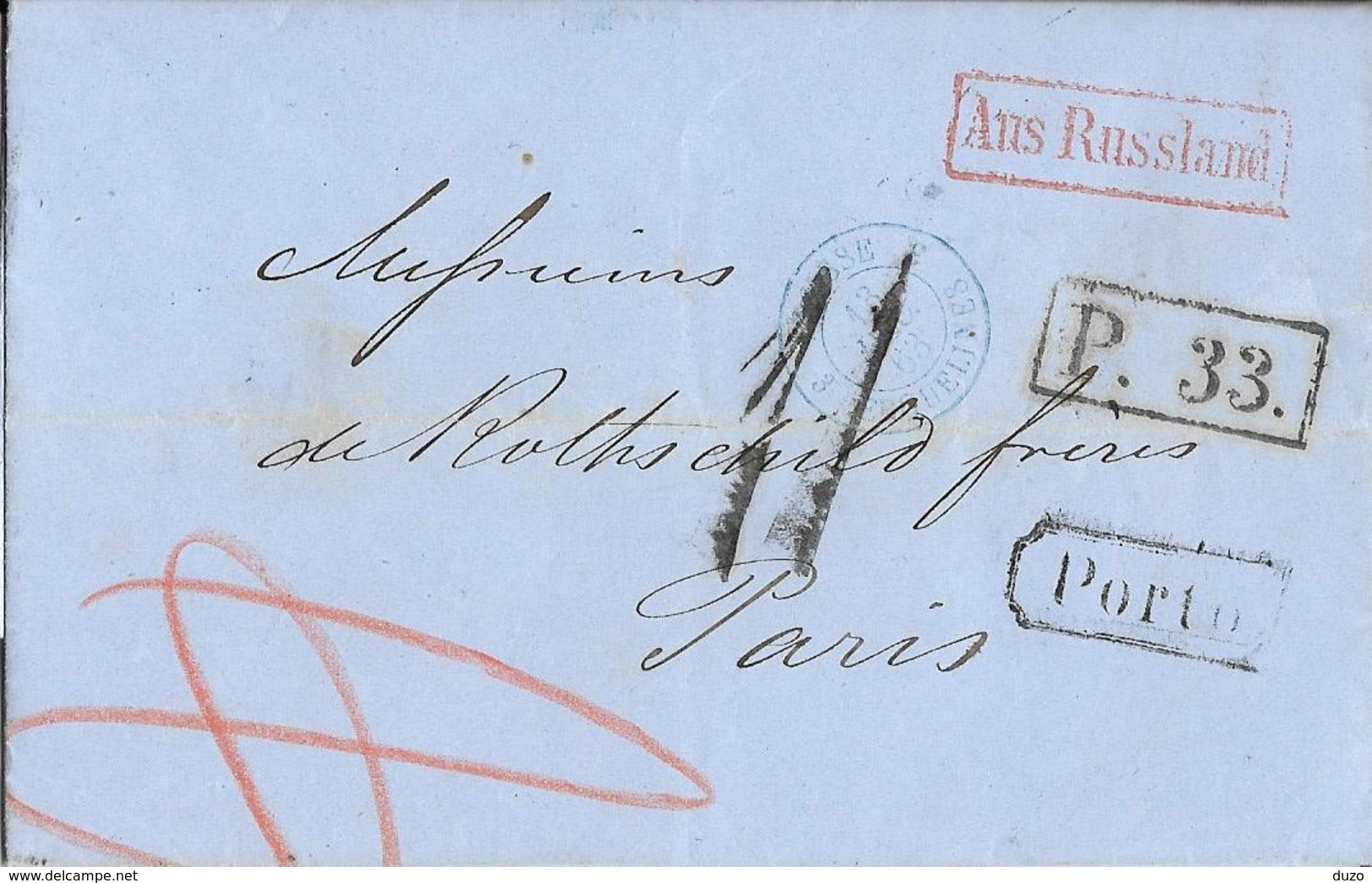 1863 - Lettre St Pétersbourg écrite En Français - Königsberg/Bromberg P.33 + Porto Entr.Erquelines Pour Rothschild Paris - ...-1857 Préphilatélie