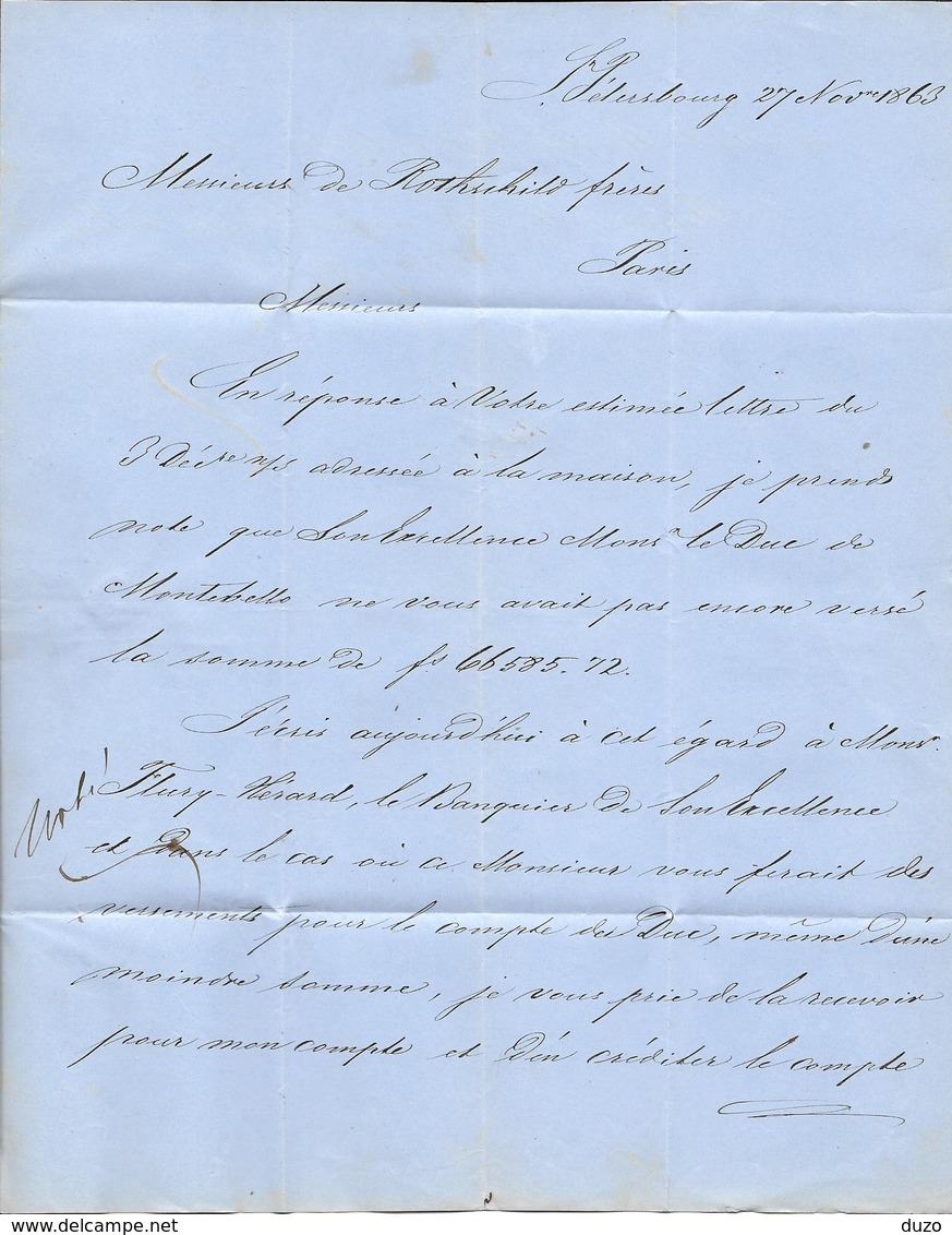 1863 - Lettre St Pétersbourg écrite En Français - Königsberg/Bromberg P.33 + Porto Entr.Erquelines Pour Rothschild Paris - ...-1857 Préphilatélie