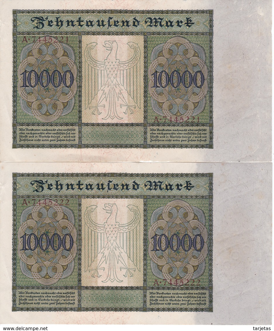 PAREJA CORRELATIVA DE ALEMANIA DE 10000 MARK DEL AÑO 1922  (BANKNOTE) - 10.000 Mark