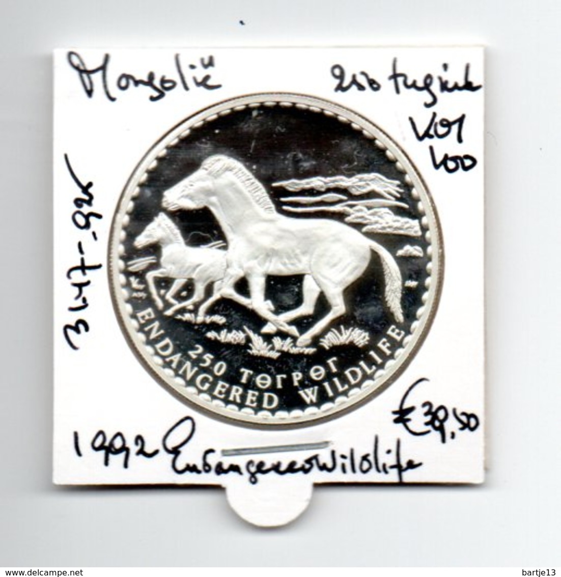 MONGOLIE 250 TUGRIK 1992 ZILVER PROOF ENDANGERED WILDLIFE HORSES - Mongolie