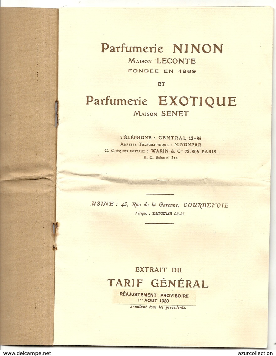 TARIFS 1930 . PÄRFUMERIE NINON ET PARFUMERIE EXOTIQUE .20 Pages - Catálogos