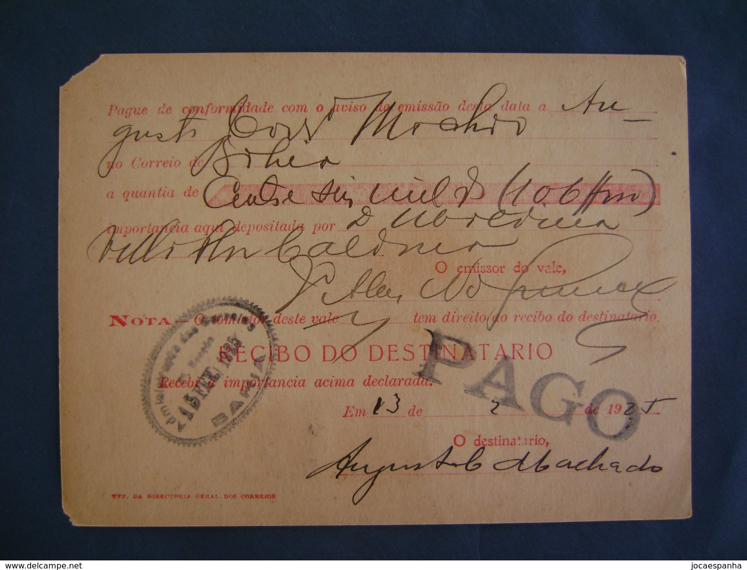 BRAZIL / BRASIL - MONEY ORDER ISSUED IN BAHIA IN FEBRUARY 1925 IN THE STATE - Autres & Non Classés