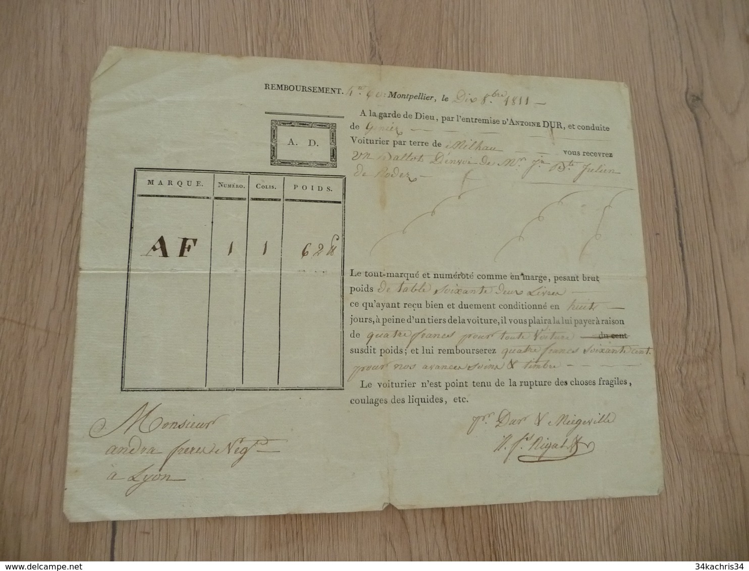 Lettre De Voiture Roulages Antoine Dur Montpellier 1811 Pour Lyon Ballot - Verkehr & Transport