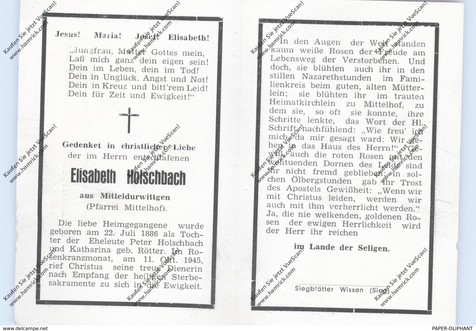 5248 WISSEN - MITTELHOF - MITTELDURWITTGEN, Totenzettel ELISABETH HOLSCHBACH, 1886 - 1945 - Altenkirchen