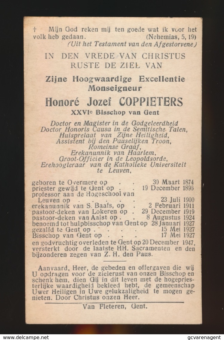 MONSEIGNEUR HONORE COPPIETERS 26 Ste BISSCHOP GENT - OVERMERE 1874 - GENT 1947  2 SCANS - Fiançailles