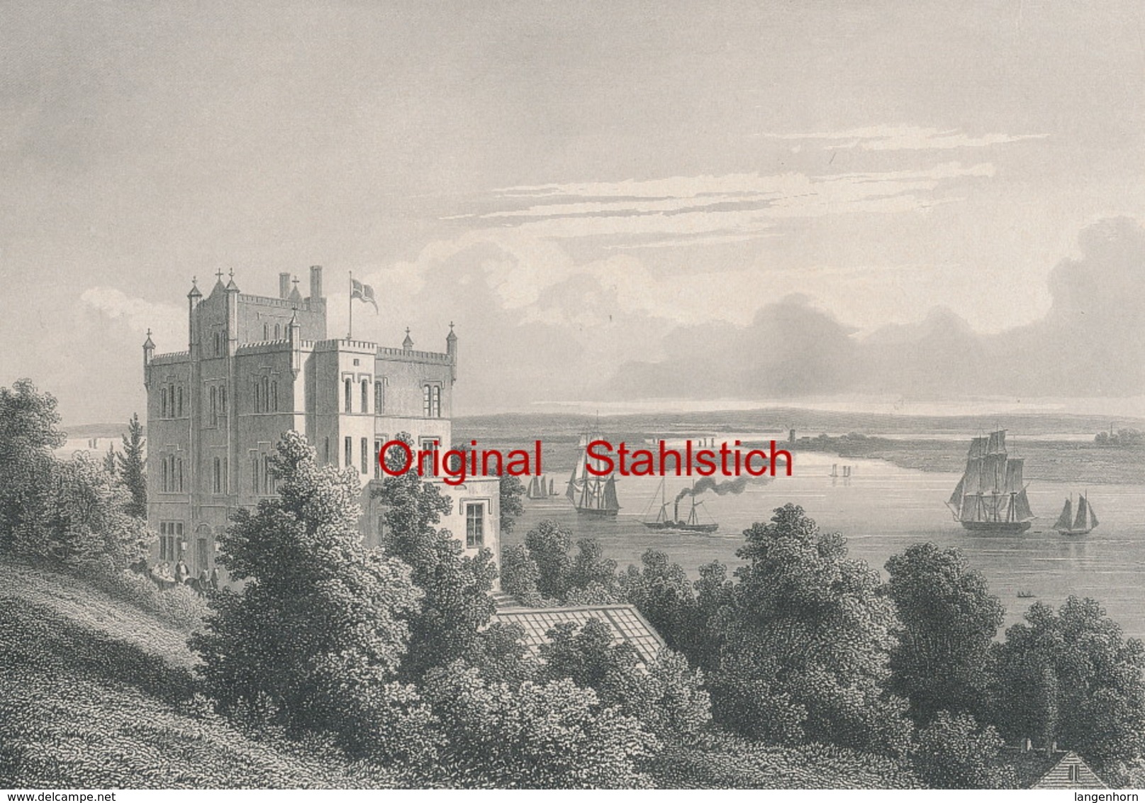 Hamburg 'Die Elbe Unterhalb Hamburg' - Original-Stahlstich ~ 1850 - Blankenese
