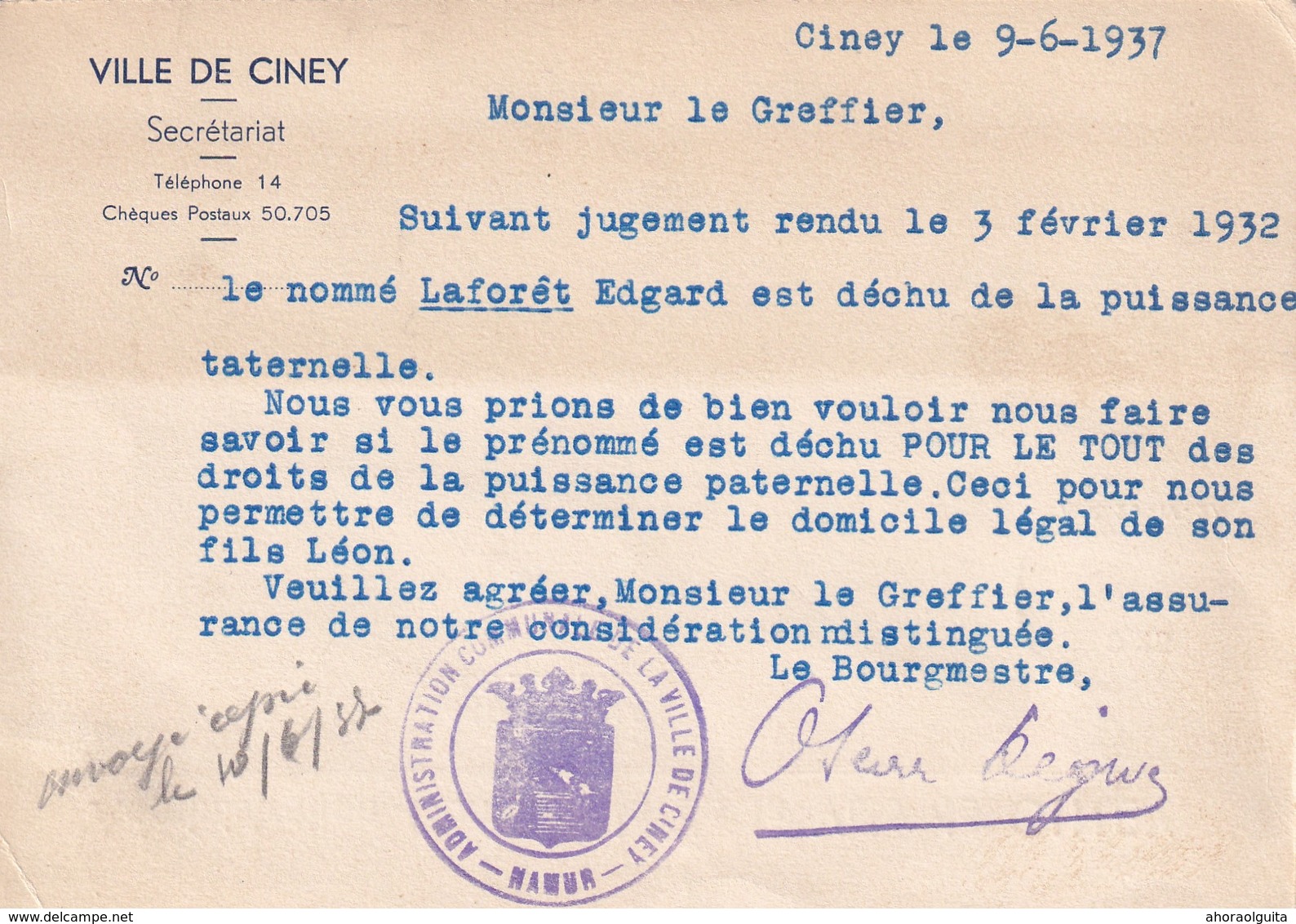 DDW 945  --  Carte Privée TP Cérès CINEY 1937 - Entete Et Cachet (verso) De La Ville De CINEY - 1932 Ceres Und Mercure