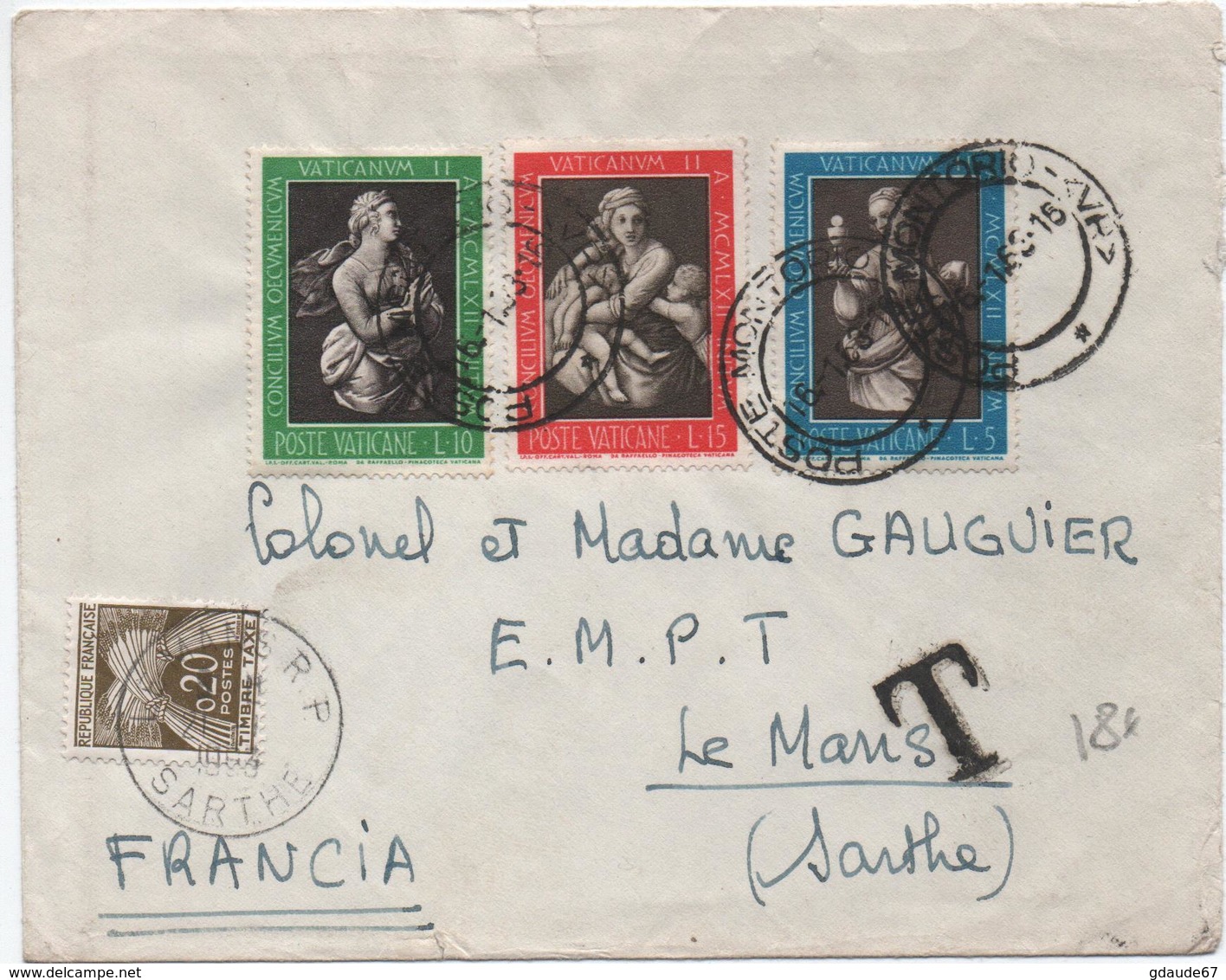 VATICAN / POSTE VATICANE - 1963 - ENVELOPPE Avec TàD POSTE MONTORIO Pour LE MANS (SARTHE) Avec TAXE GERBES - Lettres & Documents