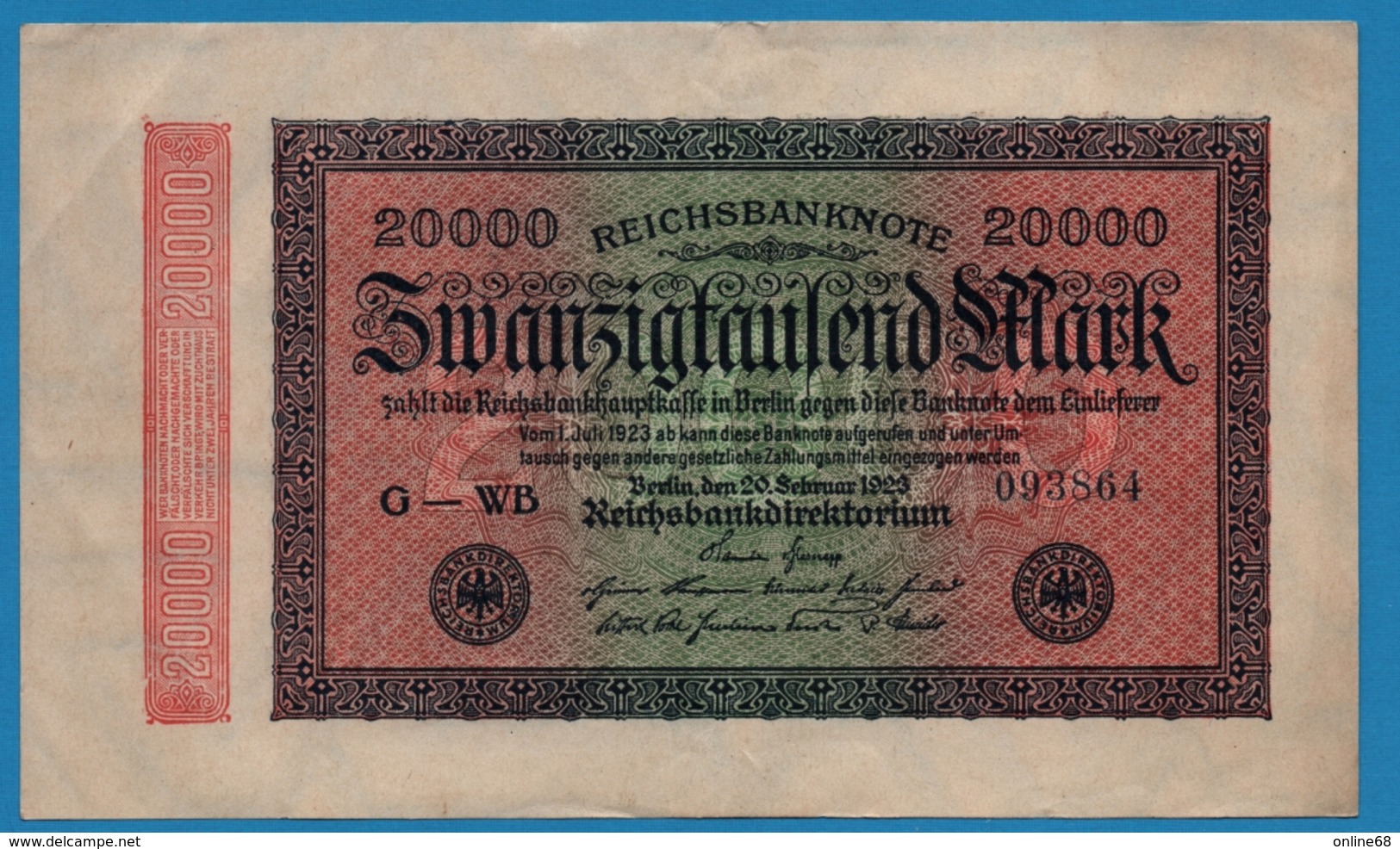 DEUTSCHES REICH 		20000 Mark	20.02.1923	# G-WB 093864 P# 85b - 20000 Mark