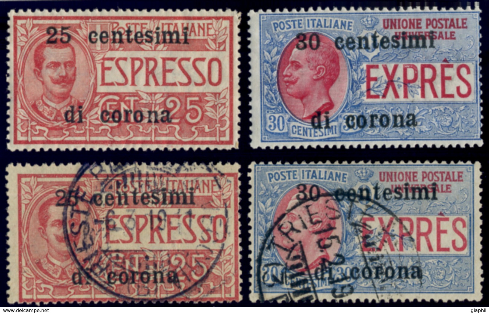 ITALY ITALIA TRENTO E TRIESTE 1919 DUE SERIE ESPRESSI (Sass. 1-2) LINGUELLATA E USATA - Trentin & Trieste