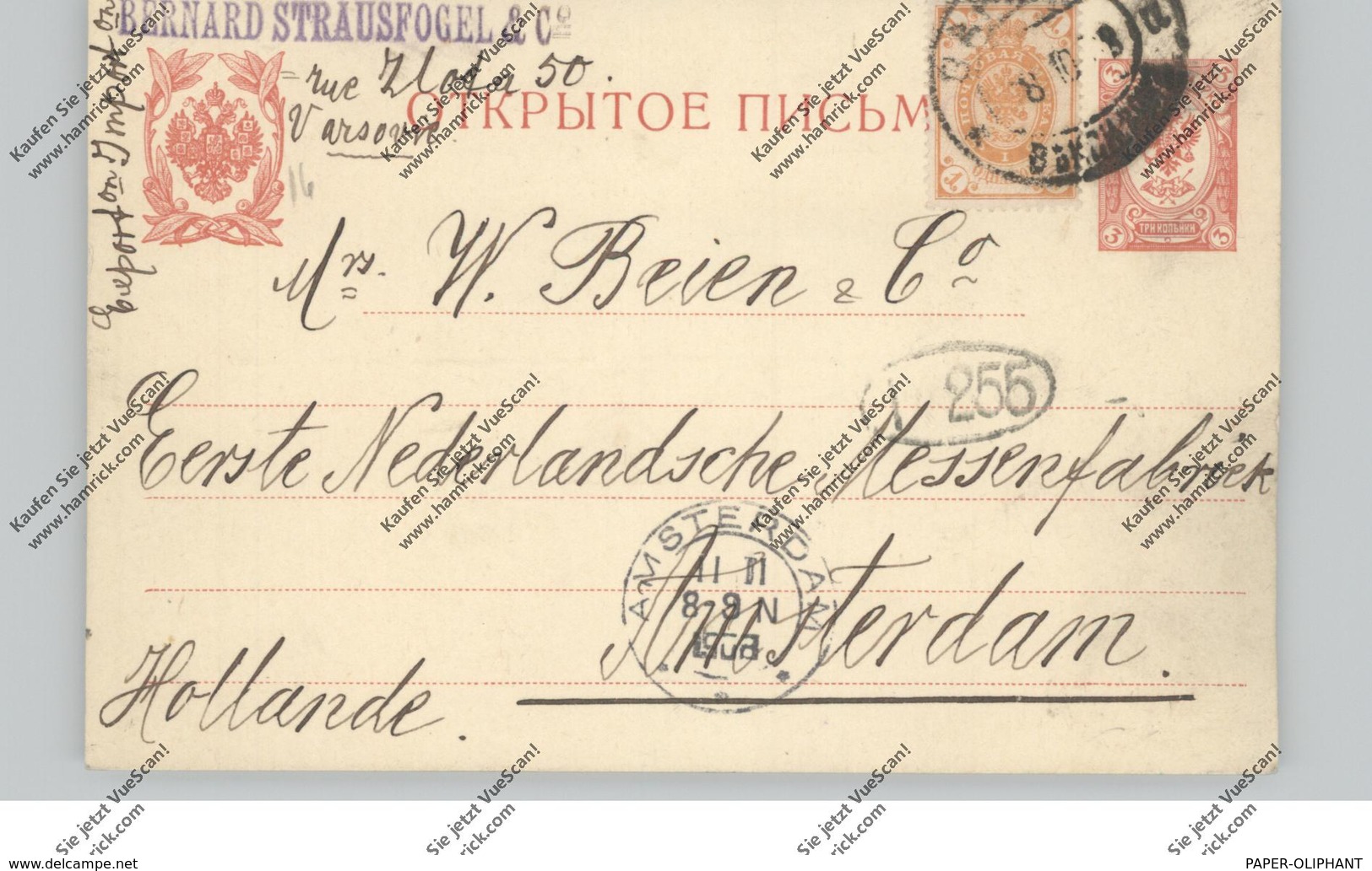 POLSKA / POLEN, 1908, WARSZAWA, Russ. Ganzsache / Postal Stationery Mit Zusatzfrankatur, Fa. Strausfogel Nach Amsterdam - Lettres & Documents